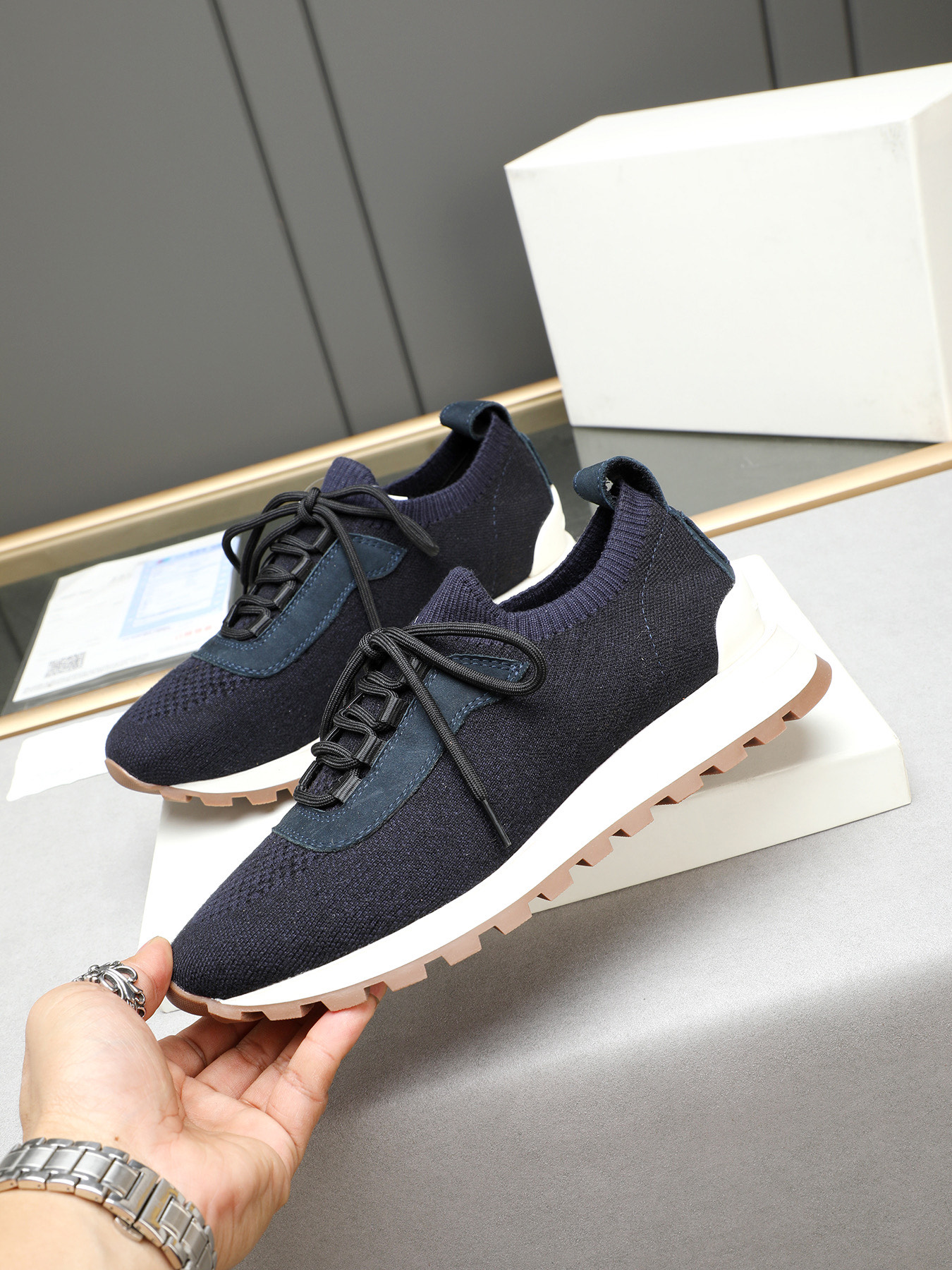 Brunello Cucinelli Men's Navy Knit Sneakers with Leather Accents, Sizes 38-44 3 i1744103120736 8780 0 1