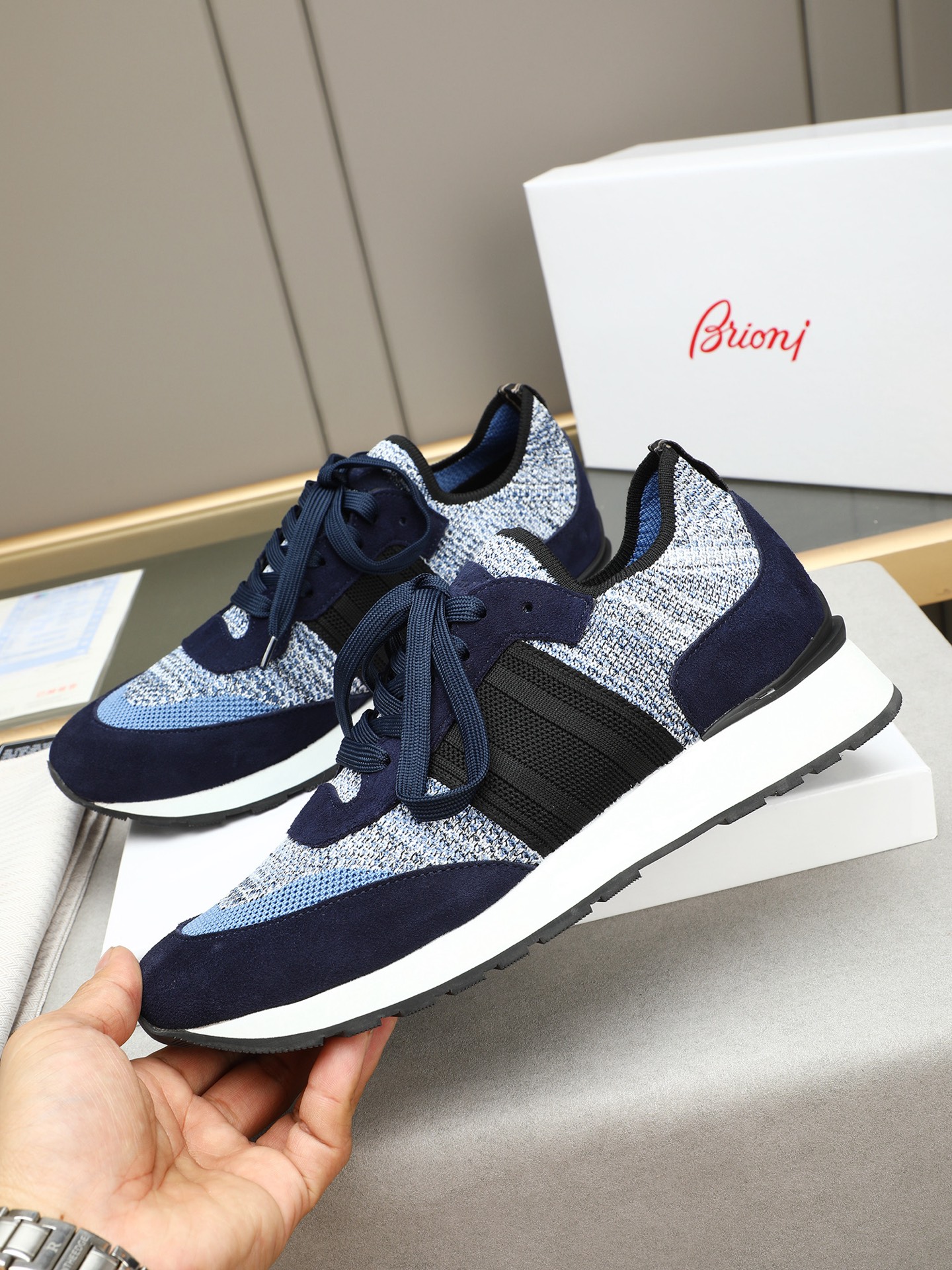 Brioni Men's Wool Blend Sneakers with Nappa Leather Accents - Navy Blue 3 i1745313647925 7541 0 1