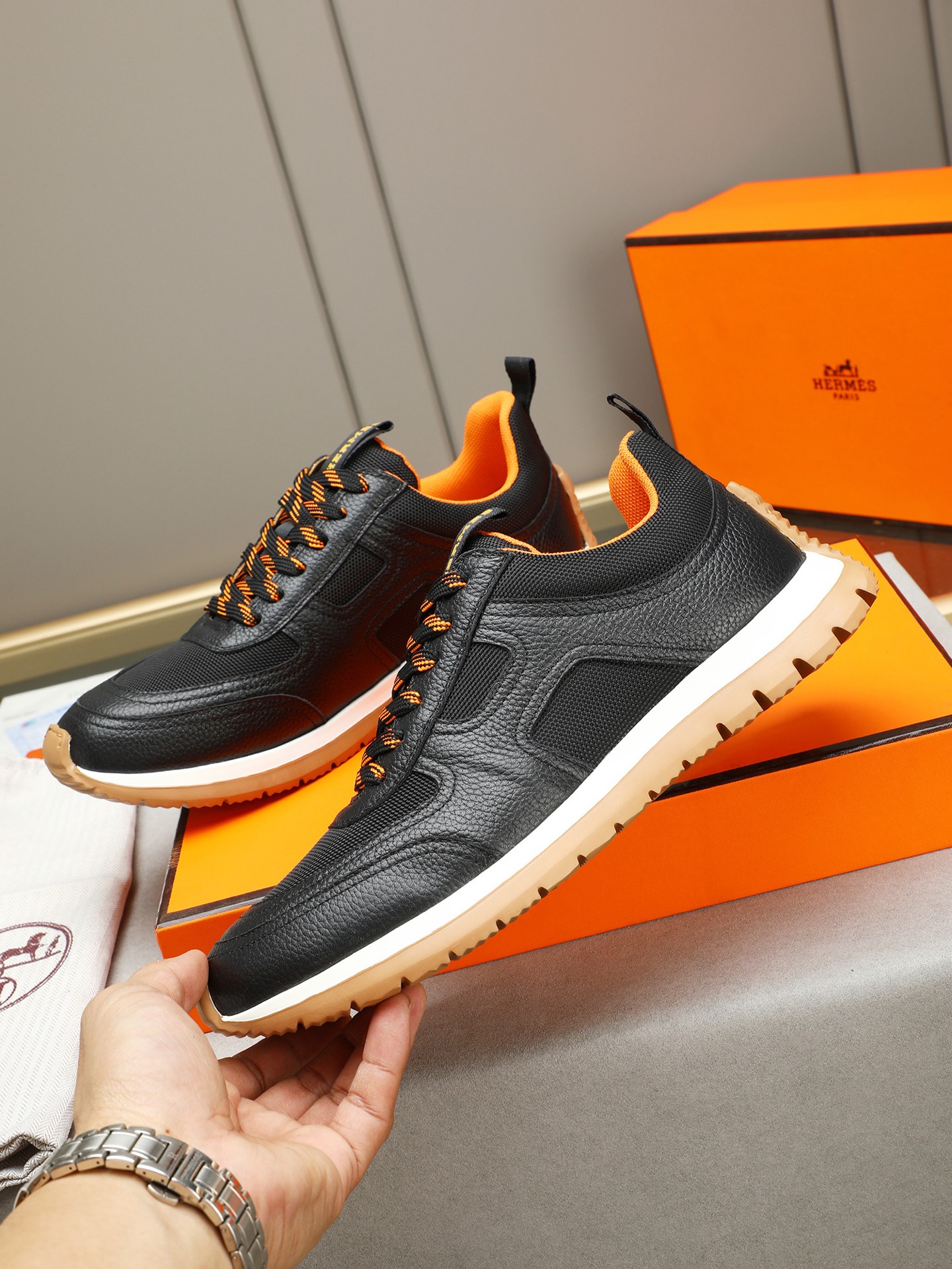Hermes Men's Black Leather & Mesh Lightweight Sneakers, Sizes 38-44 3 i1745482136084 2973 0 1