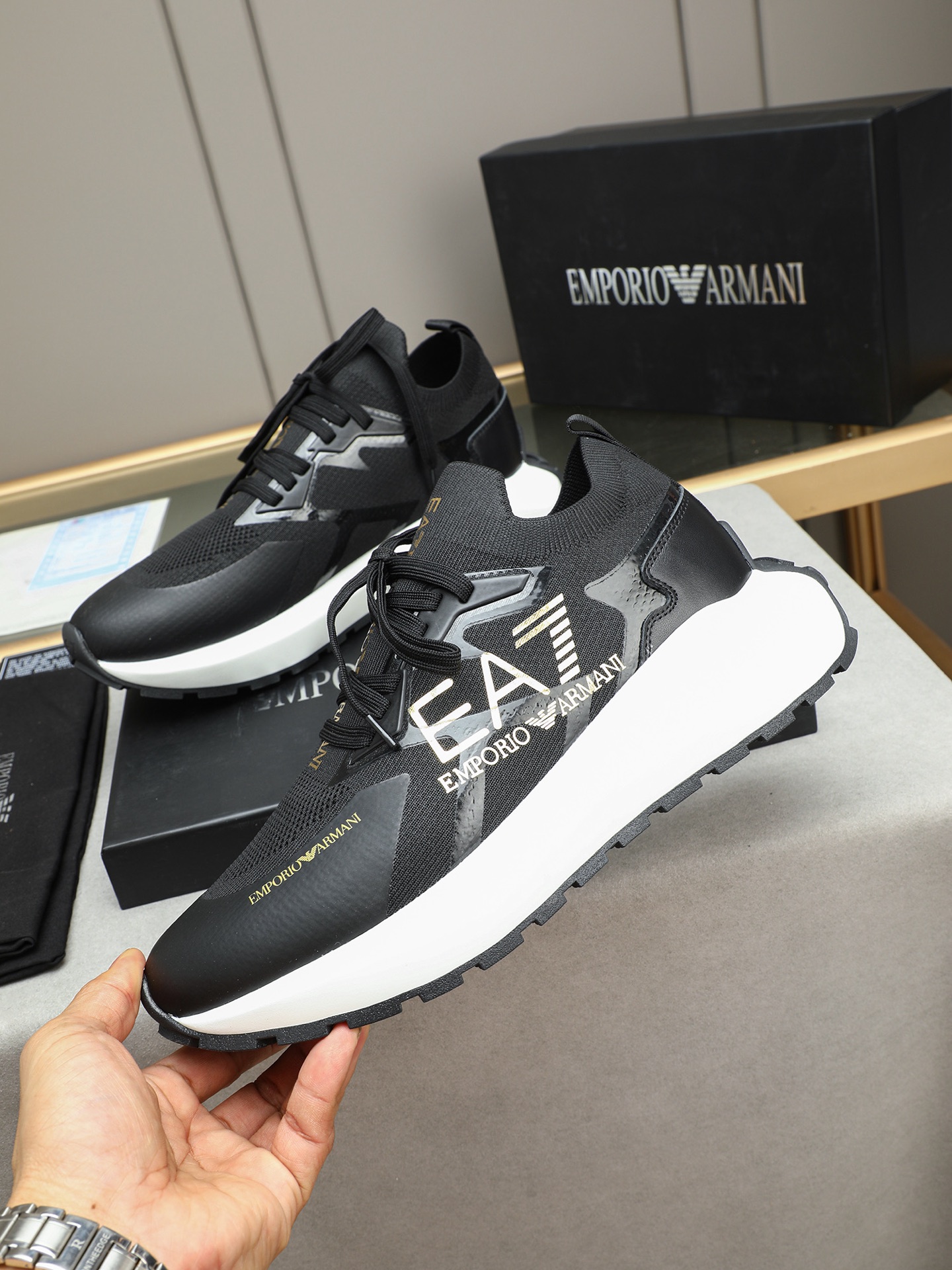 Emporio Armani Men's Black Knit Sneakers with Logo, Sizes 38-44 3 i1745483440518 1452 0 1