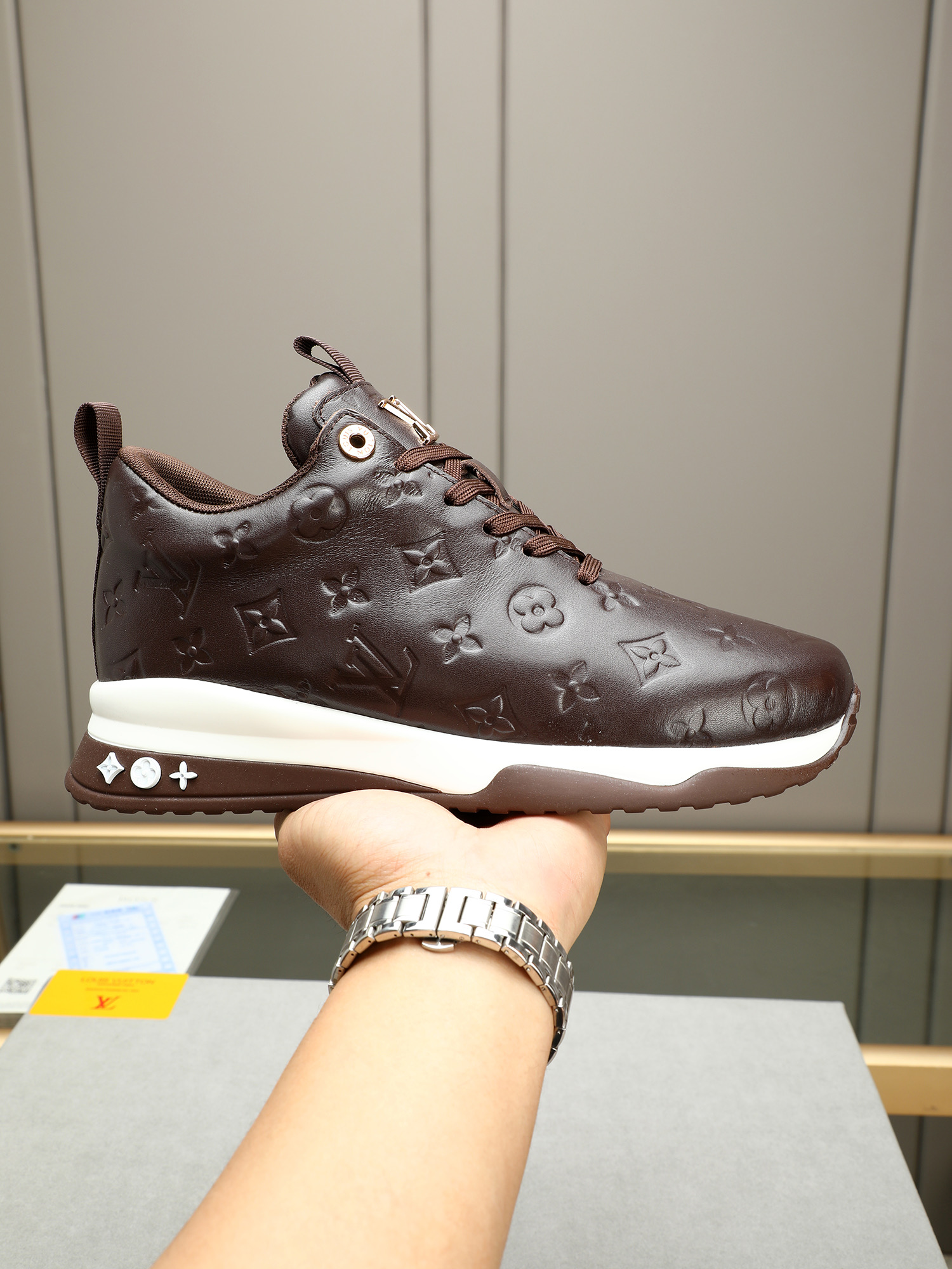 Louis Vuitton Men's Brown Leather Embossed Monogram Sneakers Size 39-44 1 Louis Vuitton Men's Brown Leather Embossed Monogram Sneakers Size 39-44