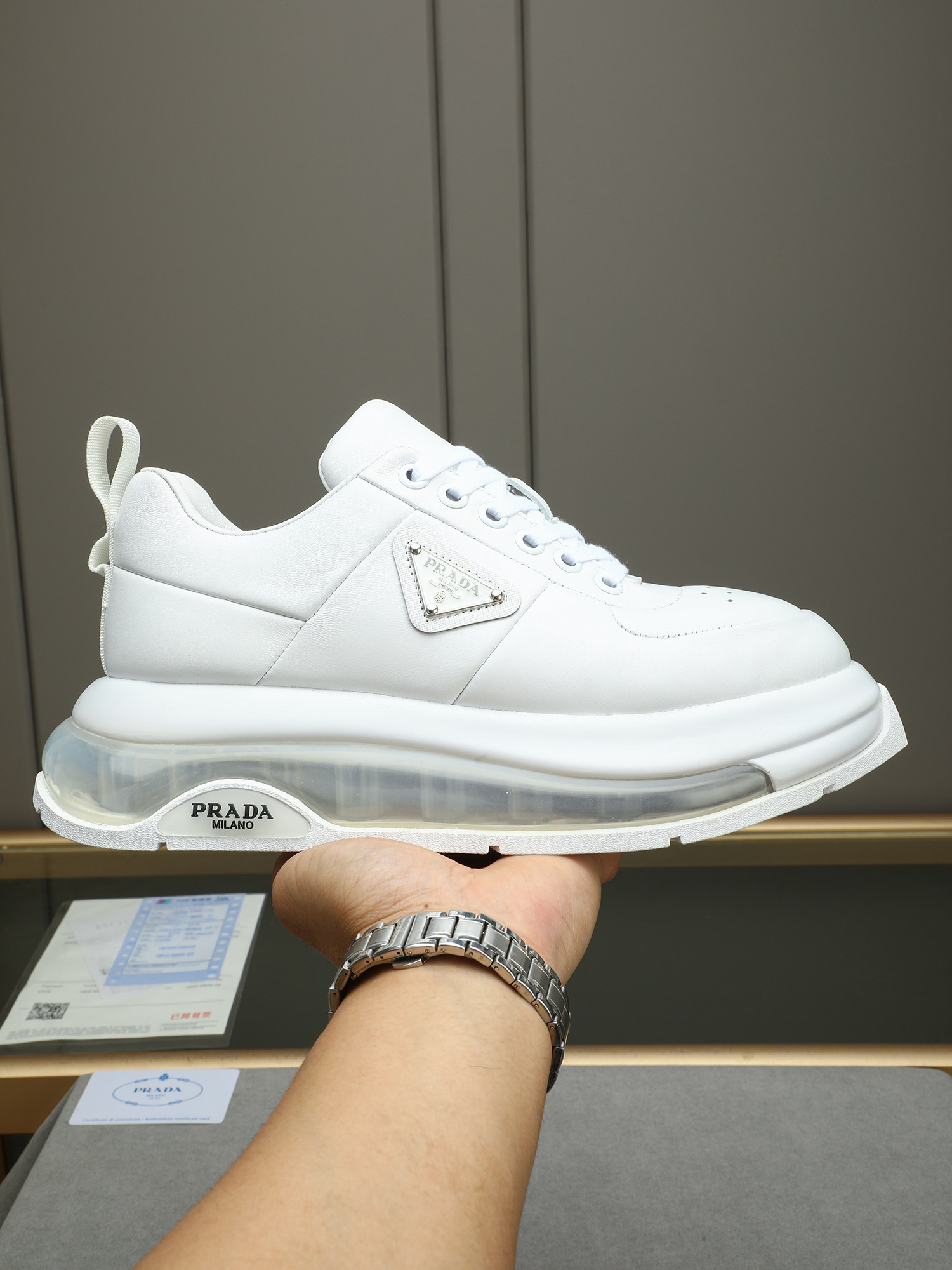 Prada Men's White Leather Sneakers with Air Cushion Sole - Size 39-44 1 Prada Men's White Leather Sneakers with Air Cushion Sole - Size 39-44