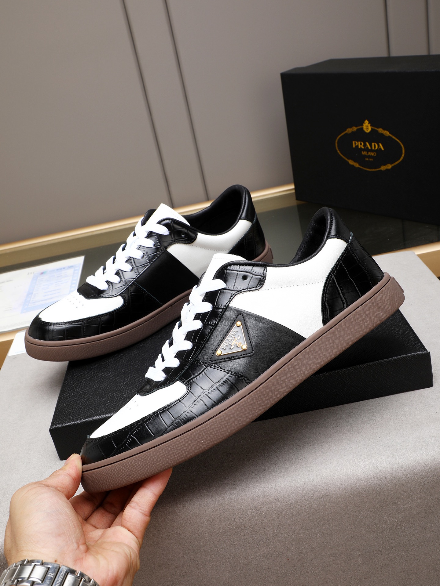 Prada Men's Black & White Leather Low-Top Sneakers - EU 38-44 Available 3 i1746696407702 5760 0 1