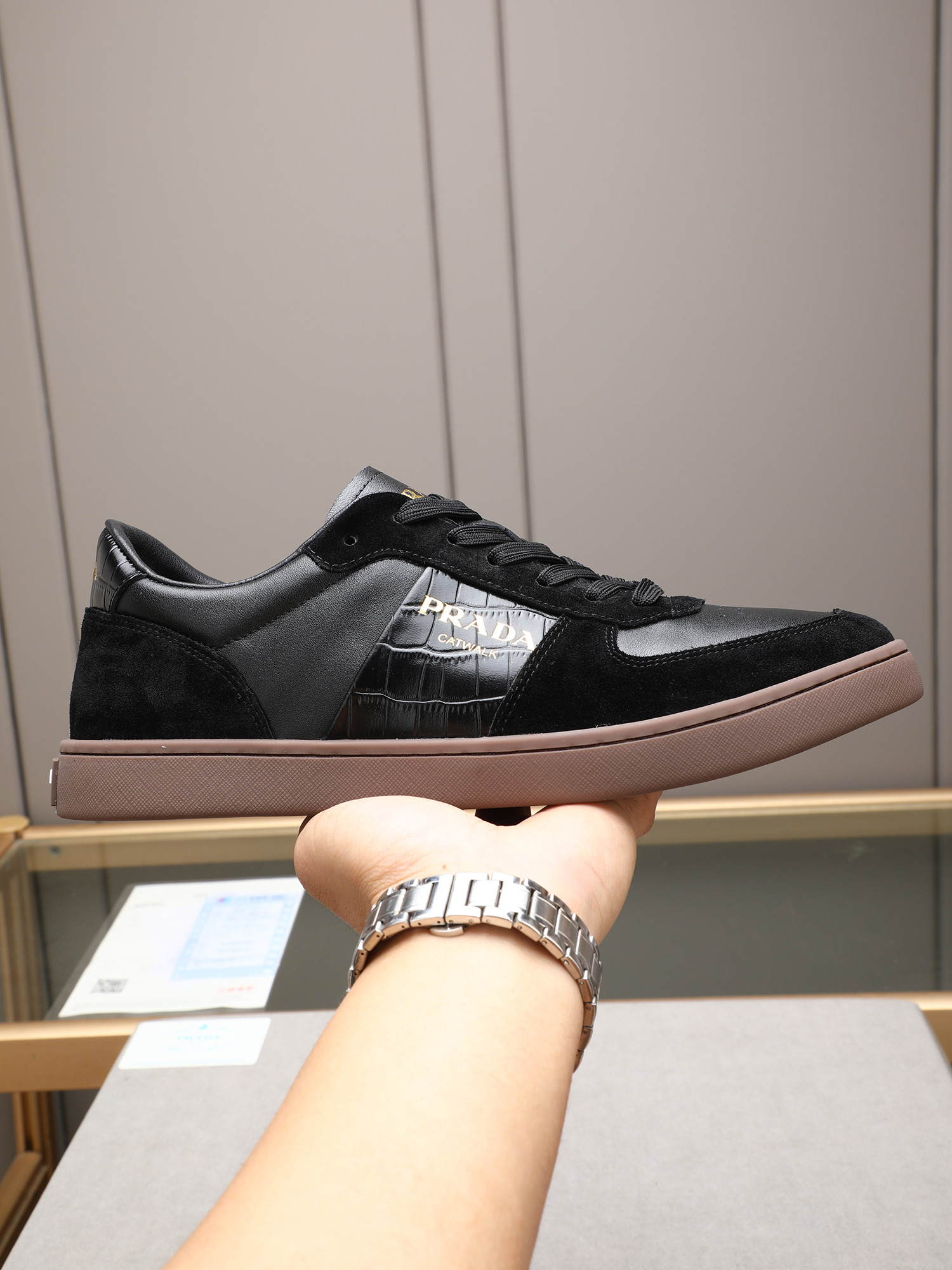 Prada Men's Leather & Suede Low-Top Sneakers - Black, Sizes 38-44 1 Prada Men's Leather & Suede Low-Top Sneakers - Black, Sizes 38-44