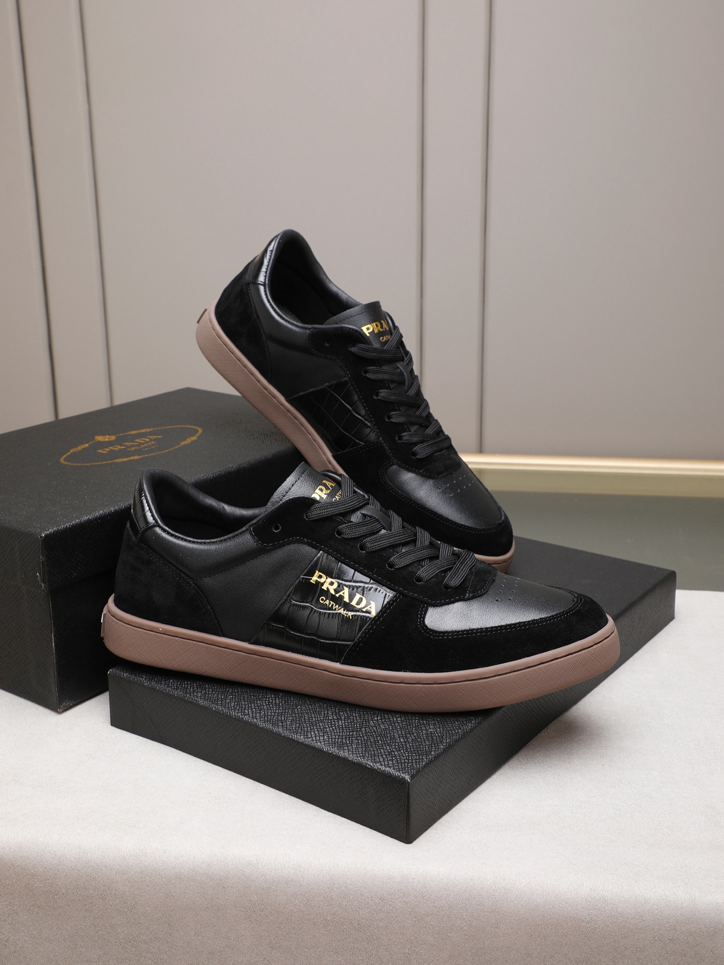Prada Men's Leather & Suede Low-Top Sneakers - Black, Sizes 38-44 5 i1746697099028 9784 0 3