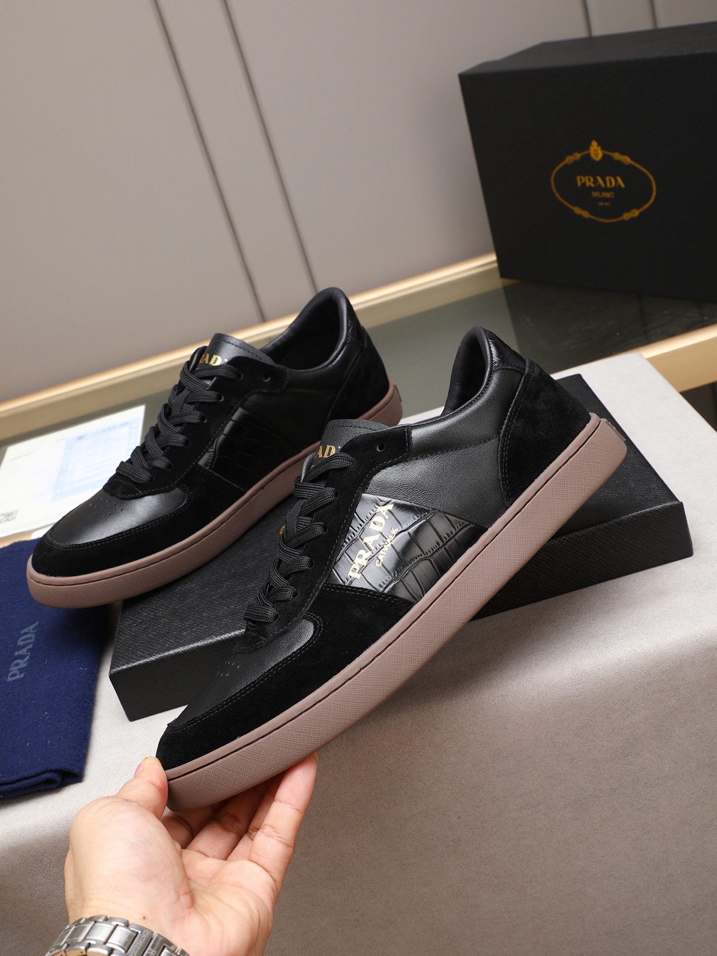 Prada Men's Leather & Suede Low-Top Sneakers - Black, Sizes 38-44 3 i1746697100811 8094 0 1