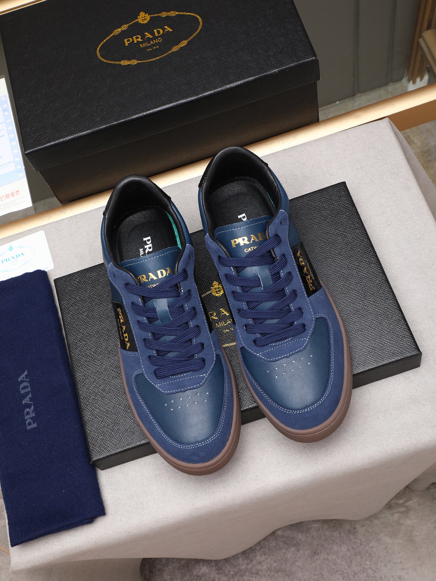 Prada Men's Blue Leather Low-Top Sneakers Fashion Casual Shoes 8 i1746697148511 8036 0 6