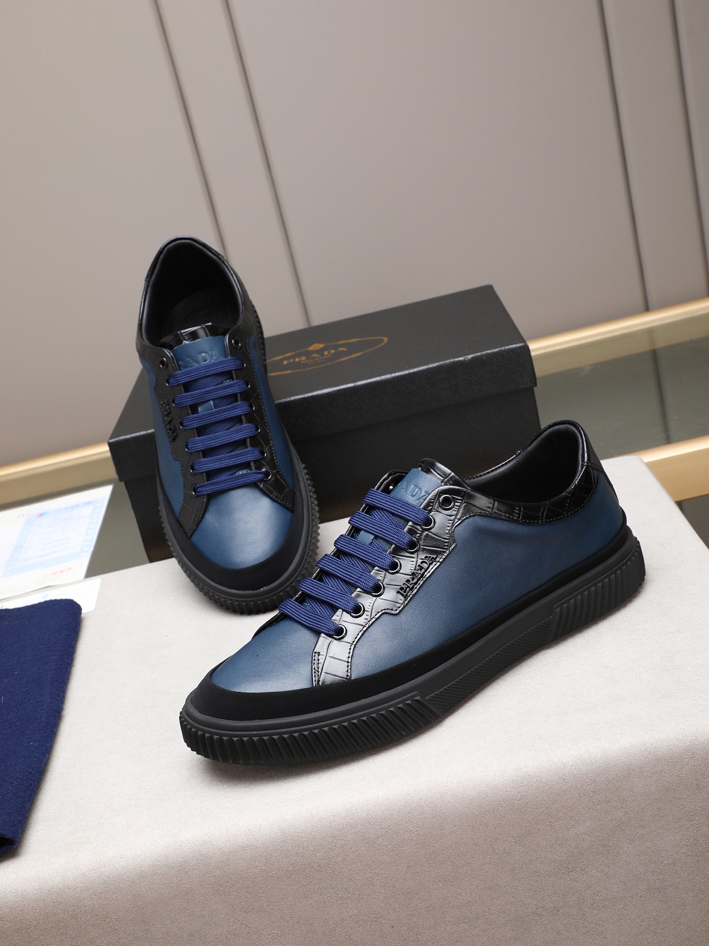 Prada Men's Blue Leather Low-Top Sneakers, Fashionable & Comfortable Shoes 8 i1746697459353 8815 0 6