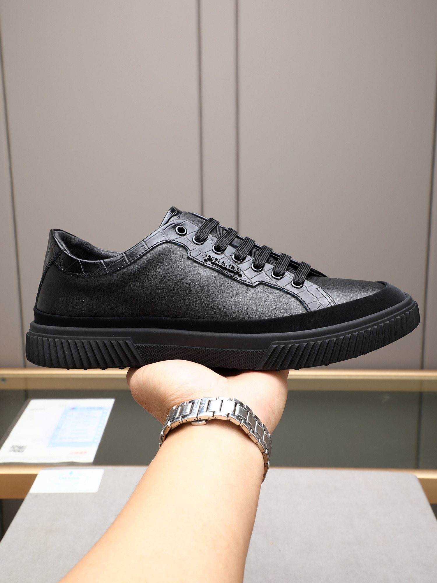 Prada Men's Leather Low-top Sneakers - Black Crocodile Trim, Lace-up, Fashionable 1 Prada Men's Leather Low-top Sneakers - Black Crocodile Trim, Lace-up, Fashionable