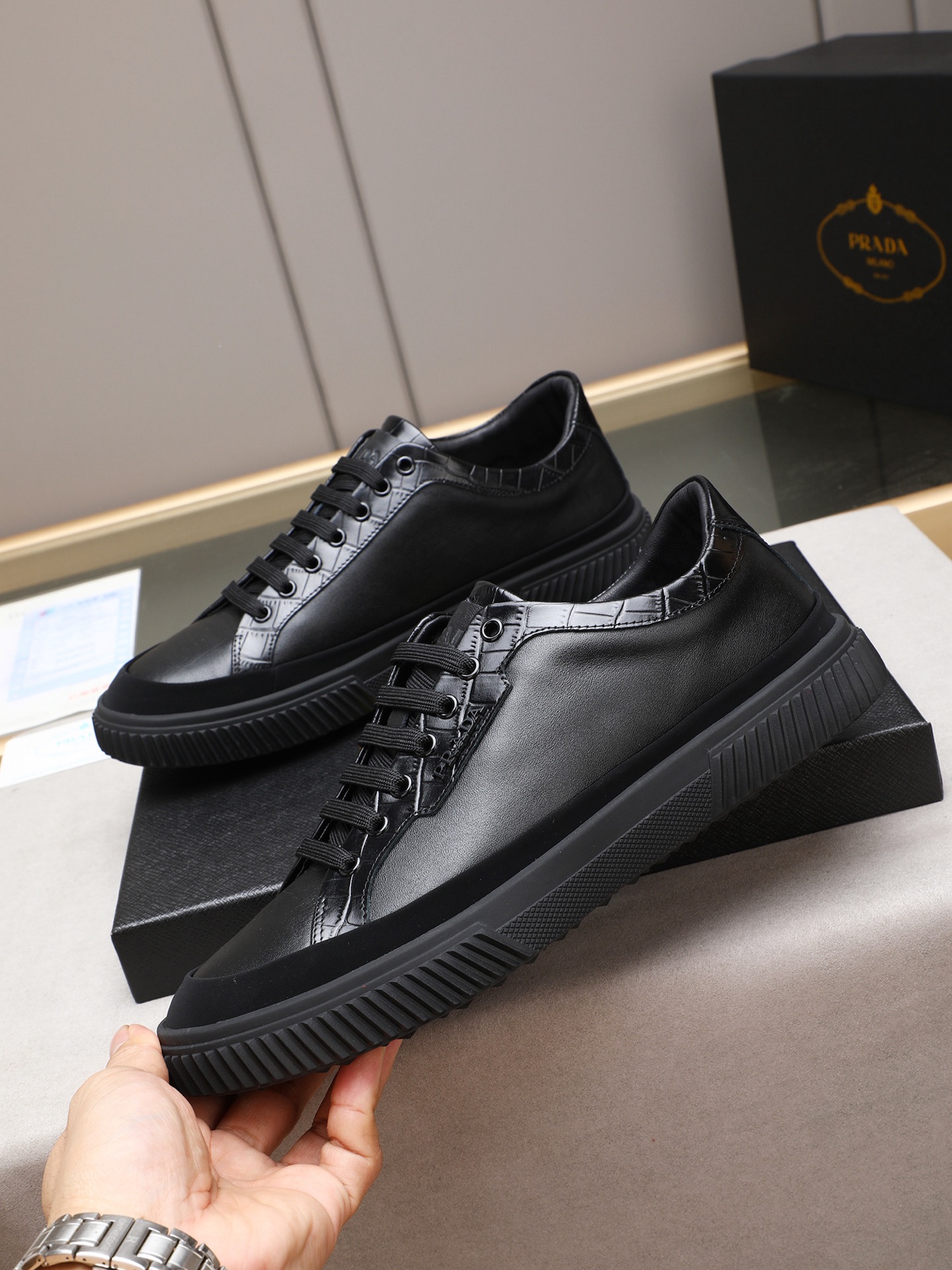 Prada Men's Leather Low-top Sneakers - Black Crocodile Trim, Lace-up, Fashionable 3 i1746697553286 8637 0 1