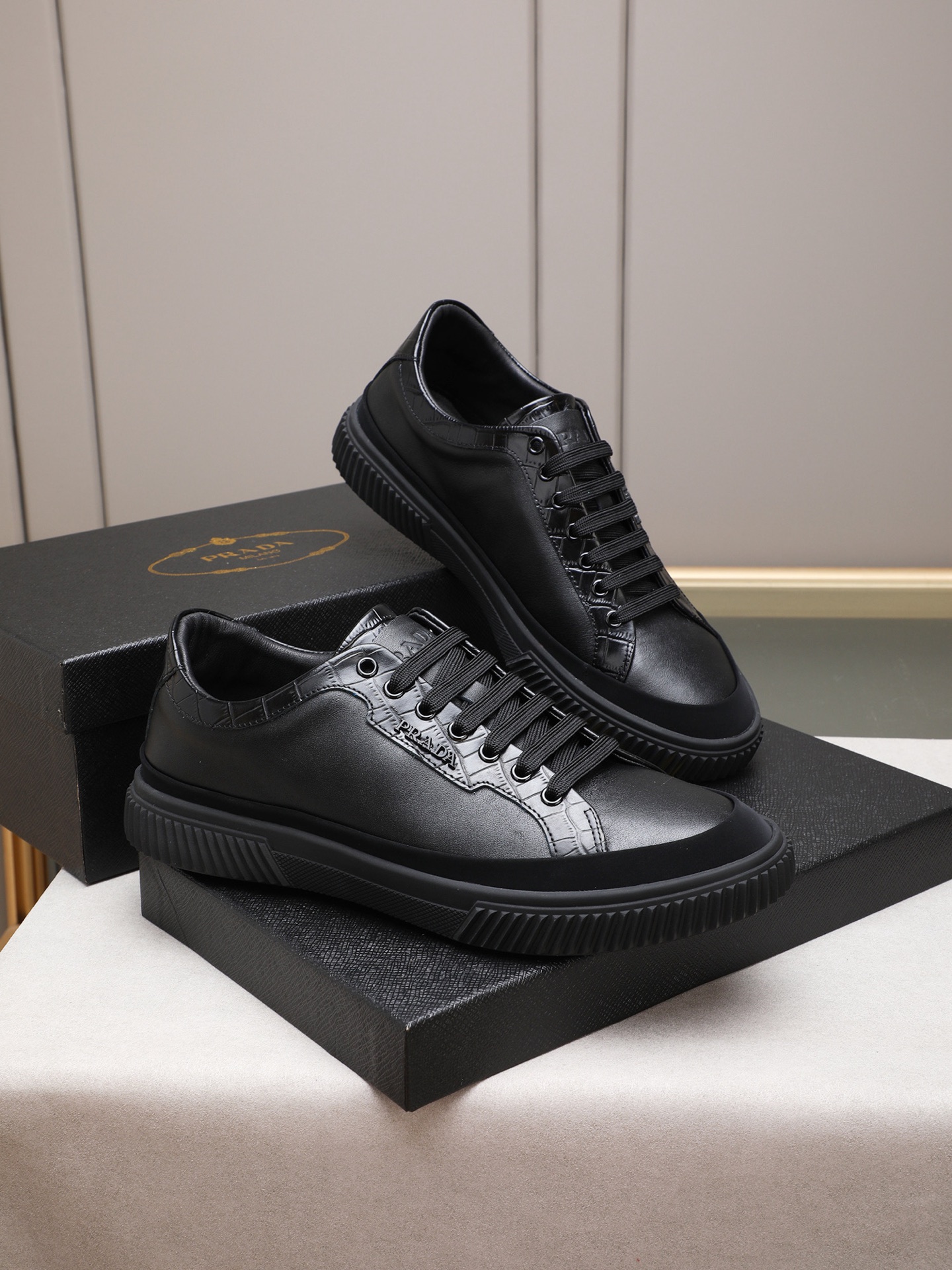 Prada Men's Leather Low-top Sneakers - Black Crocodile Trim, Lace-up, Fashionable 5 i1746697554830 3559 0 3