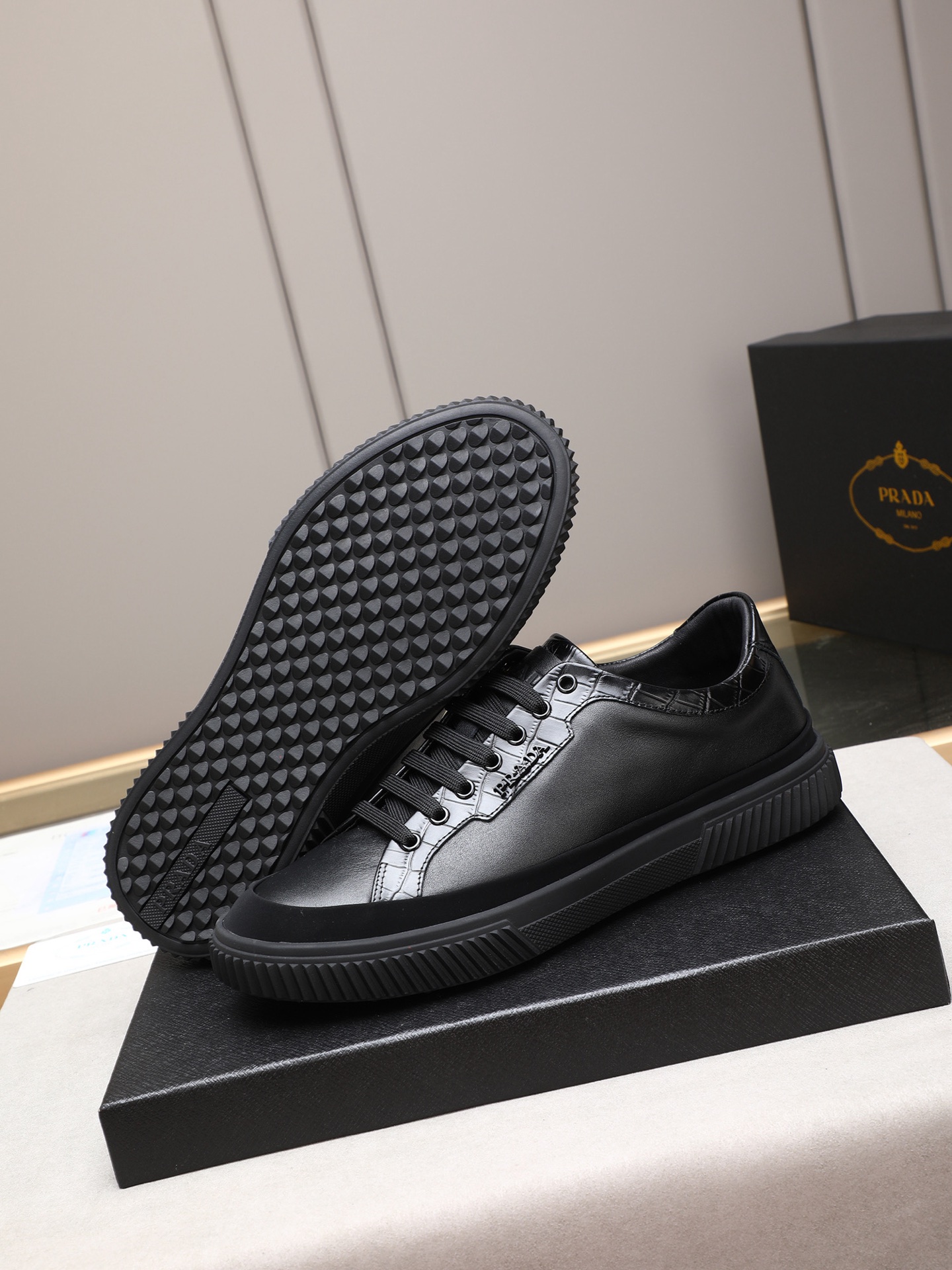 Prada Men's Leather Low-top Sneakers - Black Crocodile Trim, Lace-up, Fashionable 4 i1746697554853 913 0 2