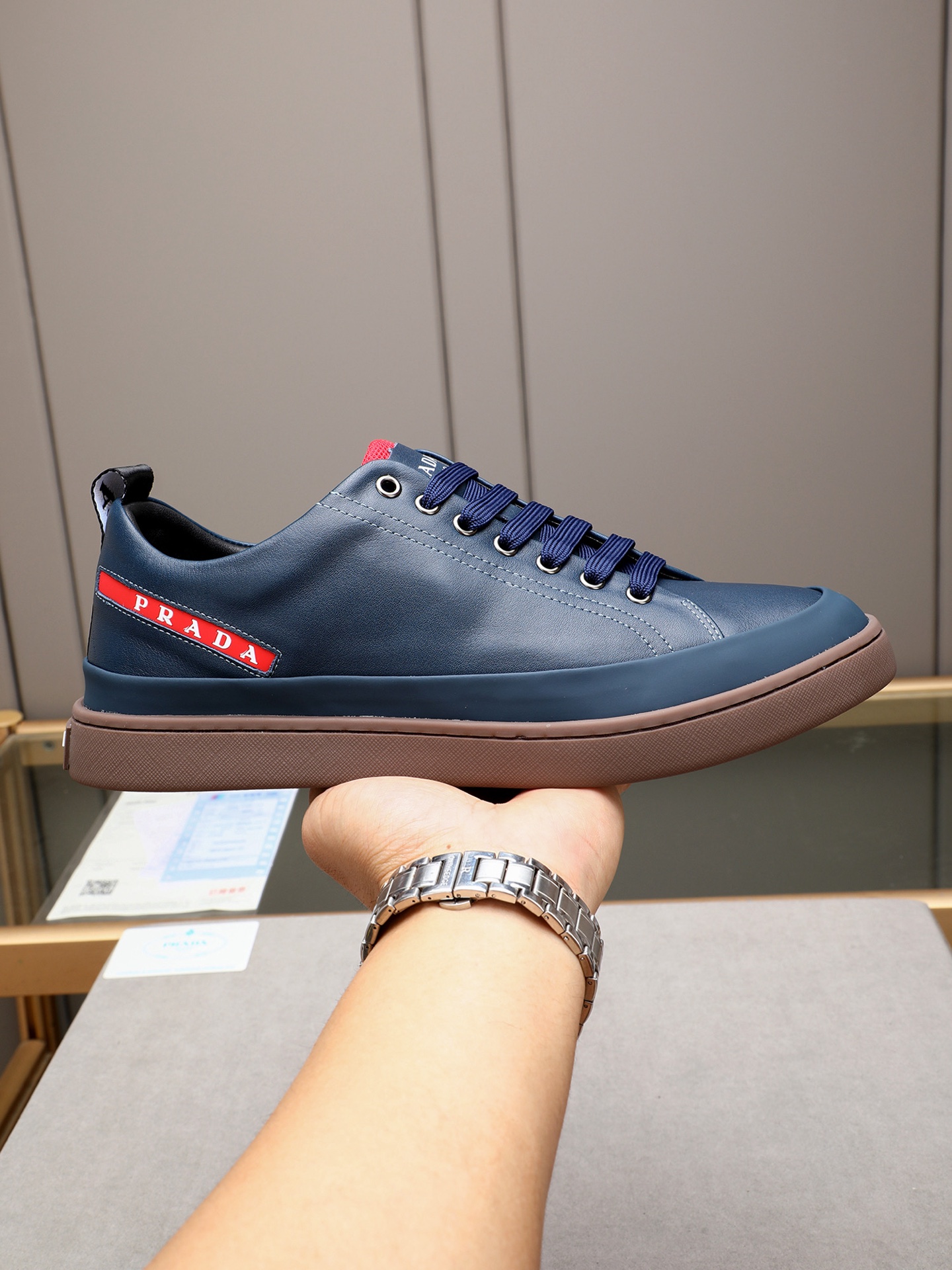 Prada Men's Leather Lace-Up Sneakers, Blue Leather, Size 38-44 2 i1746697776478 5969 0 0