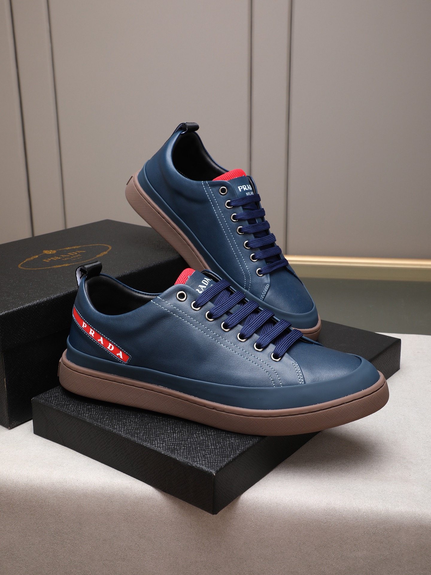 Prada Men's Leather Lace-Up Sneakers, Blue Leather, Size 38-44 5 i1746697776497 5429 0 3
