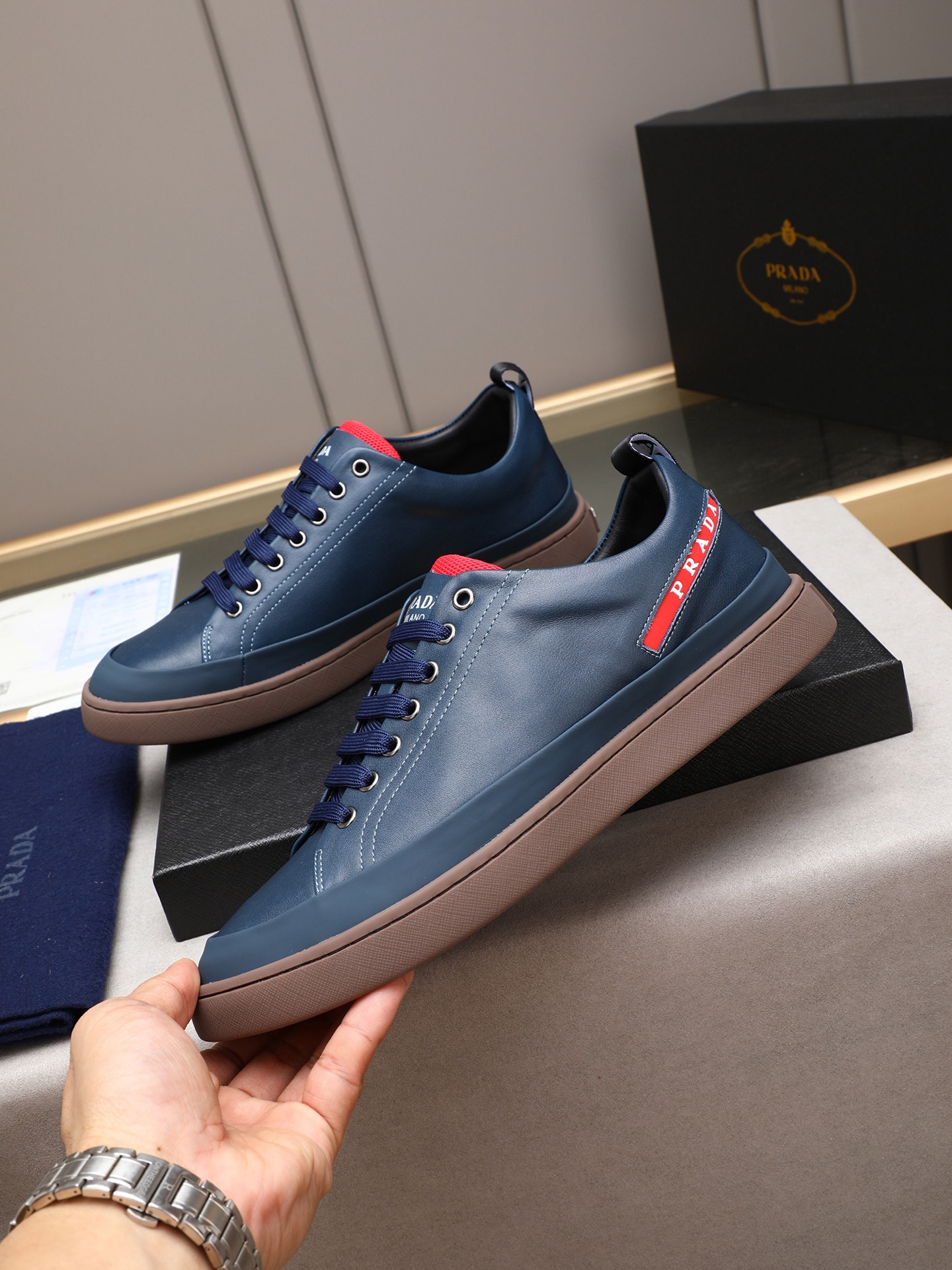 Prada Men's Leather Lace-Up Sneakers, Blue Leather, Size 38-44 3 i1746697777824 9814 0 1