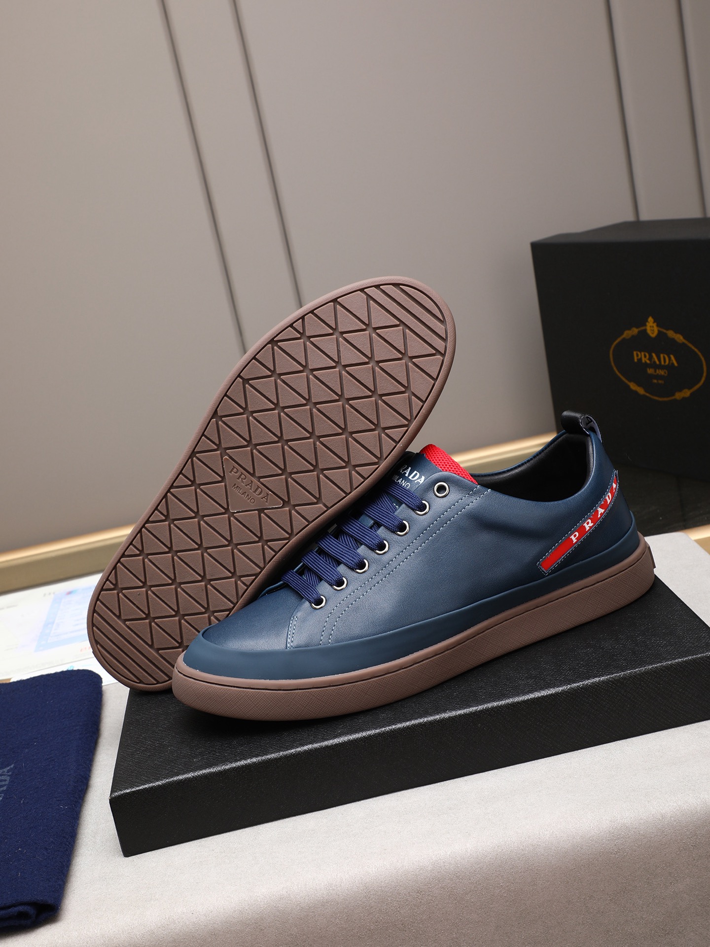 Prada Men's Leather Lace-Up Sneakers, Blue Leather, Size 38-44 4 i1746697777843 9408 0 2