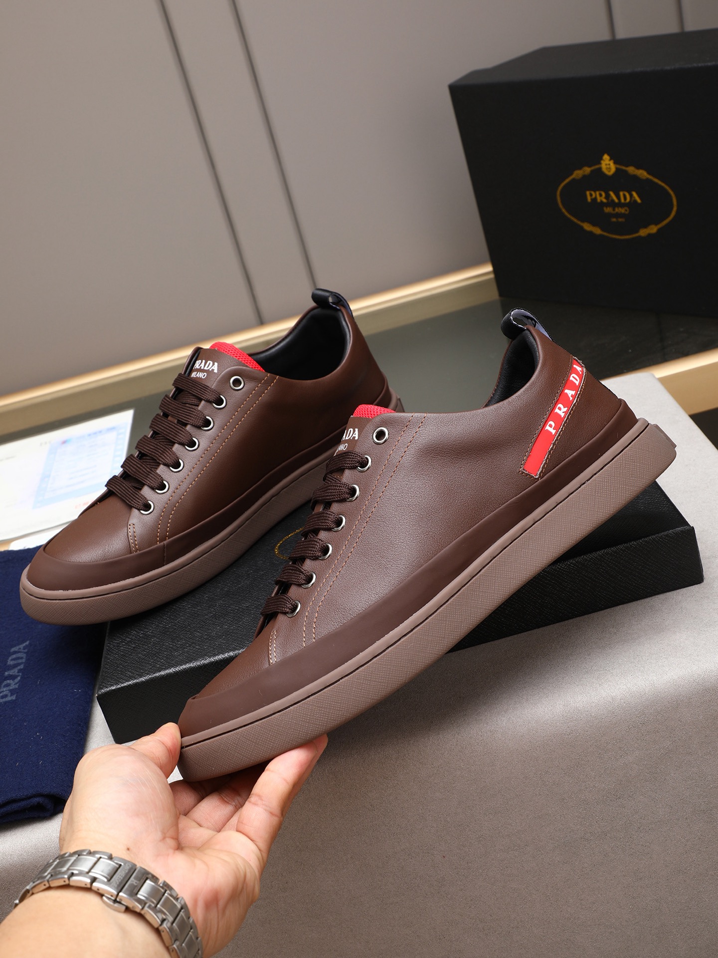 Prada Men's Leather Low Top Sneakers Brown Casual Shoes Size 38-44 3 i1746697860136 219 0 1