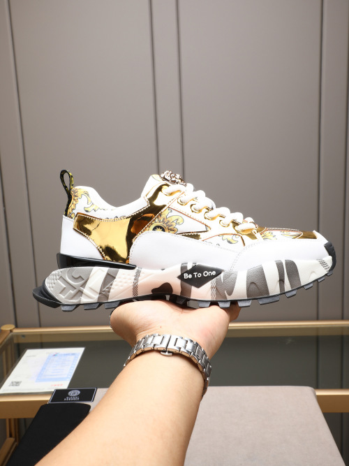 Versace Men's White Leather Trainers With Gold Baroque Print 1 Versace Men's White Leather Trainers With Gold Baroque Print