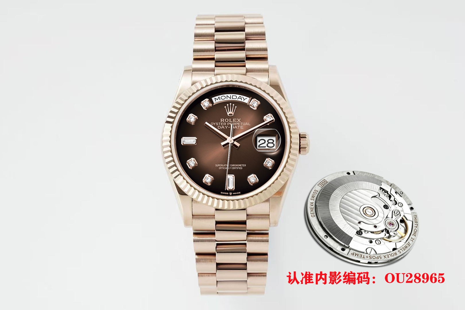 NO:821612,V3 factory 2026 new version [instant jump 904L counterweight version] 36mm Rolex original mold 2836 modified automatic mechanical movement day date series unisex size watch, 36mm diameter, 11.7mm thickness, research and development took one year, the original 1:1 mold opening. The following key points have been upgraded: 1. The case diameter is the same as the latest version of the series at 36mm. The lugs are changed to Au!  2. The top of the watch strap is the same as the original one. It is very difficult to assemble. The strap and the case are interlaced and seamlessly connected. 3. The thickness of the watch case is only 11.7 mm, which is the same as the original version. 4. The buckle is the same as the original version.  7. The inner circle of the watch is engraved with the ou28965 code!  8. The anti-counterfeiting mark on the sapphire glass is clearly visible!  9. The double-headed steel belt and buckle position are consistent with the original ones, and the spring is opened by breaking the mark. 10. The movement adopts the market-recognized super-stable ETA2834 fully automatic movement, and the words are printed on the inside!  Do not change any movement accessories to ensure stable instantaneous jump function and complete accessories!  11. The material used for the case and watch body is 904L pure steel, which is currently the most reasonable material in terms of specific gravity. It does not add any tungsten, copper, nickel, alloy and other materials to ensure that the gold coating is 100% non-fading and non-peeling!  The bottom cover focuses on the effect of pure 904 weight!  At present, the weight of the entire watch can reach about 138g [the specific weight is based on different weight standards in different words] Look for the v3 factory quality and do not change any material for the counterweight version!  ,,rolex19860909V3厂2026新版【瞬跳904L配重版本】36mm劳力士原版开模2836改自动机械机芯星期日历型DAYDATE系列中性尺寸型腕表,36毫米直径,11.7毫米厚度、研发耗时一年,原版1比1开模. 重点升级了以下几个要点 1、表壳直径与最新版系列一致36毫米.表耳处更改为Au！ 2、表带头粒与原装一致拼装、难度非常高,表带与表壳交错型无缝连结. 3、表壳厚度仅有11.7毫米、厚度与原版一致. 4、表扣与原版一致里面加装了弹簧,字体大小工艺和原装一致. 5、表壳侧面与原版一致增加二维码防伪 6、表壳与表带连接处的壳身刻有与原版一致的型号数字128238. 7、表的内影圈刻上ou28965编码！ 8、蓝宝石玻璃上防伪标志清晰可见！ 9、钢带双头粒、表扣位置与原装一致弹簧为掰开唛头打开方式. 10、机芯采用市面公认超稳定性能ETA2834全自动机芯,并且内部印有字样！不改变任何机芯配件,确保瞬跳功能稳定以及配件完整！ 11、表壳与表身采用的材料为904L纯钢材质,目前属于比重中最合理的材质,不添加任何钨,铜,镍、合金等材质,确保包金百分百不褪色,不掉皮！底盖着重做了纯904配重的效果！目前整表重量可达到138g左右【具体重量以不同字面不同重量的标准】认准v3厂品质 不改变任何材料的配重版本！,,rolex,Watch