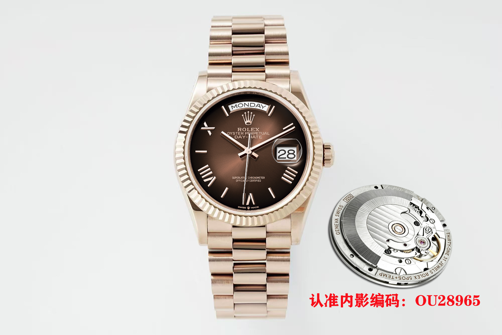NO:821617,V3 factory 2026 new version [instant jump 904L counterweight version] 36mm Rolex original mold 2836 modified automatic mechanical movement day date series unisex size watch, 36mm diameter, 11.7mm thickness, research and development took one year, the original 1:1 mold opening. The following key points have been upgraded: 1. The case diameter is the same as the latest version of the series at 36mm. The lugs are changed to Au!  2. The top of the watch strap is the same as the original one. It is very difficult to assemble. The strap and the case are interlaced and seamlessly connected. 3. The thickness of the watch case is only 11.7 mm, which is the same as the original version. 4. The buckle is the same as the original version.  7. The inner circle of the watch is engraved with the ou28965 code!  8. The anti-counterfeiting mark on the sapphire glass is clearly visible!  9. The double-headed steel belt and buckle position are consistent with the original ones, and the spring is opened by breaking the mark. 10. The movement adopts the market-recognized super-stable ETA2834 fully automatic movement, and the words are printed on the inside!  Do not change any movement accessories to ensure stable instantaneous jump function and complete accessories!  11. The material used for the case and watch body is 904L pure steel, which is currently the most reasonable material in terms of specific gravity. It does not add any tungsten, copper, nickel, alloy and other materials to ensure that the gold coating is 100% non-fading and non-peeling!  The bottom cover focuses on the effect of pure 904 weight!  At present, the weight of the entire watch can reach about 138g [the specific weight is based on different weight standards in different words] Look for the v3 factory quality and do not change any material for the counterweight version!  Original machine 2834 with words!  ,,rolex19860909V3厂2026新版【瞬跳904L配重版本】36mm劳力士原版开模2836改自动机械机芯星期日历型DAYDATE系列中性尺寸型腕表,36毫米直径,11.7毫米厚度、研发耗时一年,原版1比1开模. 重点升级了以下几个要点 1、表壳直径与最新版系列一致36毫米.表耳处更改为Au！ 2、表带头粒与原装一致拼装、难度非常高,表带与表壳交错型无缝连结. 3、表壳厚度仅有11.7毫米、厚度与原版一致. 4、表扣与原版一致里面加装了弹簧,字体大小工艺和原装一致. 5、表壳侧面与原版一致增加二维码防伪 6、表壳与表带连接处的壳身刻有与原版一致的型号数字128238. 7、表的内影圈刻上ou28965编码！ 8、蓝宝石玻璃上防伪标志清晰可见！ 9、钢带双头粒、表扣位置与原装一致弹簧为掰开唛头打开方式. 10、机芯采用市面公认超稳定性能ETA2834全自动机芯,并且内部印有字样！不改变任何机芯配件,确保瞬跳功能稳定以及配件完整！ 11、表壳与表身采用的材料为904L纯钢材质,目前属于比重中最合理的材质,不添加任何钨,铜,镍、合金等材质,确保包金百分百不褪色,不掉皮！底盖着重做了纯904配重的效果！目前整表重量可达到138g左右【具体重量以不同字面不同重量的标准】认准v3厂品质 不改变任何材料的配重版本！原机2834带字样！,,rolex,Watch