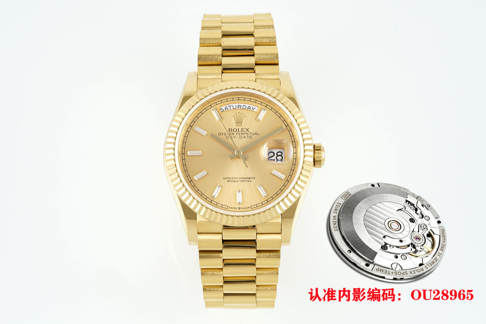NO:821630,V3 factory 2026 new version [instant jump 904L counterweight version] super cost-effective!  36mm Rolex original mold opening 2836 modified automatic mechanical movement day date series unisex size watch, 36 mm diameter, 11.7 mm thickness, research and development took one year, the original 1:1 mold opening. The following key points have been upgraded: 1. The diameter of the case is the same as the latest version of the series, 36 mm. The lugs are changed to Au!  2. The top of the watch strap is the same as the original one. It is very difficult to assemble. The strap and the case are interlaced and seamlessly connected. 3. The thickness of the watch case is only 11.7 mm, which is the same as the original version. 4. The buckle is the same as the original version.  7. The inner circle of the watch is engraved with the ou28965 code!  8. The anti-counterfeiting mark on the sapphire glass is clearly visible!  9. The double-headed steel belt and buckle position are consistent with the original ones, and the spring is opened by breaking the mark. 10. The movement adopts the market-recognized super-stable ETA2834 fully automatic movement, and the words are printed on the inside!  Do not change any movement accessories to ensure stable instantaneous jump function and complete accessories!  11. The material used for the case and watch body is 904L pure steel, which is currently the most reasonable material in terms of specific gravity. It does not add any tungsten, copper, nickel, alloy and other materials to ensure that the gold coating is 100% non-fading and non-peeling!  The bottom cover focuses on the effect of pure 904 weight!  At present, the weight of the entire watch can reach about 138g [the specific weight is based on different weight standards in different words] Look for the v3 factory quality and do not change any material for the counterweight version!  Original machine 2834 with logo!  ,,rolex19860909V3厂2026新版【瞬跳904L配重版本】超强性价比！36mm劳力士原版开模2836改自动机械机芯星期日历型DAYDATE系列中性尺寸型腕表,36毫米直径,11.7毫米厚度、研发耗时一年,原版1比1开模. 重点升级了以下几个要点 1、表壳直径与最新版系列一致36毫米.表耳处更改为Au！ 2、表带头粒与原装一致拼装、难度非常高,表带与表壳交错型无缝连结. 3、表壳厚度仅有11.7毫米、厚度与原版一致. 4、表扣与原版一致里面加装了弹簧,字体大小工艺和原装一致. 5、表壳侧面与原版一致增加二维码防伪 6、表壳与表带连接处的壳身刻有与原版一致的型号数字128238. 7、表的内影圈刻上ou28965编码！ 8、蓝宝石玻璃上防伪标志清晰可见！ 9、钢带双头粒、表扣位置与原装一致弹簧为掰开唛头打开方式. 10、机芯采用市面公认超稳定性能ETA2834全自动机芯,并且内部印有字样！不改变任何机芯配件,确保瞬跳功能稳定以及配件完整！ 11、表壳与表身采用的材料为904L纯钢材质,目前属于比重中最合理的材质,不添加任何钨,铜,镍、合金等材质,确保包金百分百不褪色,不掉皮！底盖着重做了纯904配重的效果！目前整表重量可达到138g左右【具体重量以不同字面不同重量的标准】认准v3厂品质 不改变任何材料的配重版本！原机2834带标志！,,rolex,Watch