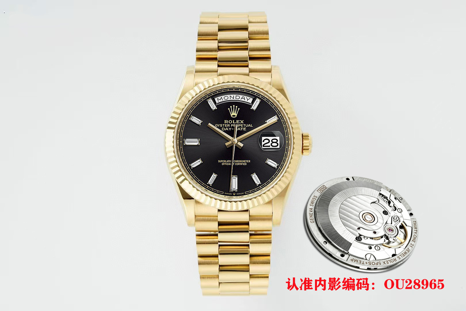 NO:945885,V3 factory 2026 new version [instant jump 904L counterweight version] super cost-effective!  36mm Rolex original mold opening 2836 modified automatic mechanical movement day date series unisex size watch, 36 mm diameter, 11.7 mm thickness, research and development took one year, the original 1:1 mold opening. The following key points have been upgraded: 1. The diameter of the case is the same as the latest version of the series, 36 mm. The lugs are changed to Au!  2. The top of the watch strap is the same as the original one. It is very difficult to assemble. The strap and the case are interlaced and seamlessly connected. 3. The thickness of the watch case is only 11.7 mm, which is the same as the original version. 4. The buckle is the same as the original version.  7. The inner circle of the watch is engraved with the ou28965 code!  8. The anti-counterfeiting mark on the sapphire glass is clearly visible!  9. The double-headed steel belt and buckle position are consistent with the original ones, and the spring is opened by breaking the mark. 10. The movement adopts the market-recognized super-stable ETA2834 fully automatic movement, and the words are printed on the inside!  Do not change any movement accessories to ensure stable instantaneous jump function and complete accessories!  11. The material used for the case and watch body is 904L pure steel, which is currently the most reasonable material in terms of specific gravity. It does not add any tungsten, copper, nickel, alloy and other materials to ensure that the gold coating is 100% non-fading and non-peeling!  The bottom cover focuses on the effect of pure 904 weight!  At present, the weight of the entire watch can reach about 138g [the specific weight is based on different weight standards with different words] Look for the v3 factory quality and do not change any material for the counterweight version!  Original machine 2834 with words!  ,,rolex19860909V3厂2026新版【瞬跳904L配重版本】超强性价比！36mm劳力士原版开模2836改自动机械机芯星期日历型DAYDATE系列中性尺寸型腕表,36毫米直径,11.7毫米厚度、研发耗时一年,原版1比1开模. 重点升级了以下几个要点 1、表壳直径与最新版系列一致36毫米.表耳处更改为Au！ 2、表带头粒与原装一致拼装、难度非常高,表带与表壳交错型无缝连结. 3、表壳厚度仅有11.7毫米、厚度与原版一致. 4、表扣与原版一致里面加装了弹簧,字体大小工艺和原装一致. 5、表壳侧面与原版一致增加二维码防伪 6、表壳与表带连接处的壳身刻有与原版一致的型号数字128238. 7、表的内影圈刻上ou28965编码！ 8、蓝宝石玻璃上防伪标志清晰可见！ 9、钢带双头粒、表扣位置与原装一致弹簧为掰开唛头打开方式. 10、机芯采用市面公认超稳定性能ETA2834全自动机芯,并且内部印有字样！不改变任何机芯配件,确保瞬跳功能稳定以及配件完整！ 11、表壳与表身采用的材料为904L纯钢材质,目前属于比重中最合理的材质,不添加任何钨,铜,镍、合金等材质,确保包金百分百不褪色,不掉皮！底盖着重做了纯904配重的效果！目前整表重量可达到138g左右【具体重量以不同字面不同重量的标准】认准v3厂品质 不改变任何材料的配重版本！原机2834带字样！,,rolex,Watch
