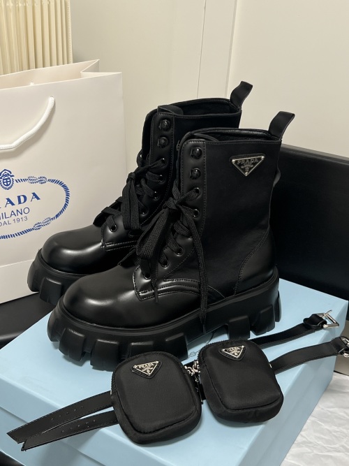 Prada Black Leather and Nylon Lace-Up Ankle Boots with Pouches 1 Prada Black Leather and Nylon Lace-Up Ankle Boots with Pouches
