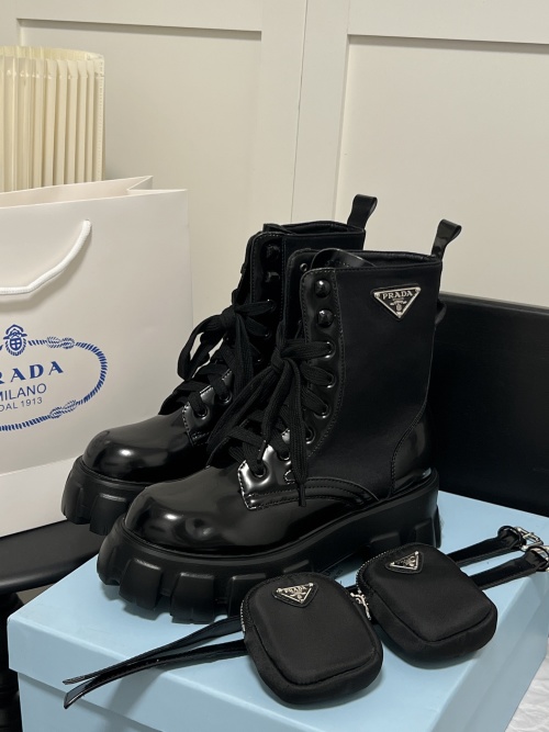 Prada Black Leather and Nylon Lace-Up Ankle Boots with Rubber Sole 36 Prada Black Leather and Nylon Lace-Up Ankle Boots with Rubber Sole