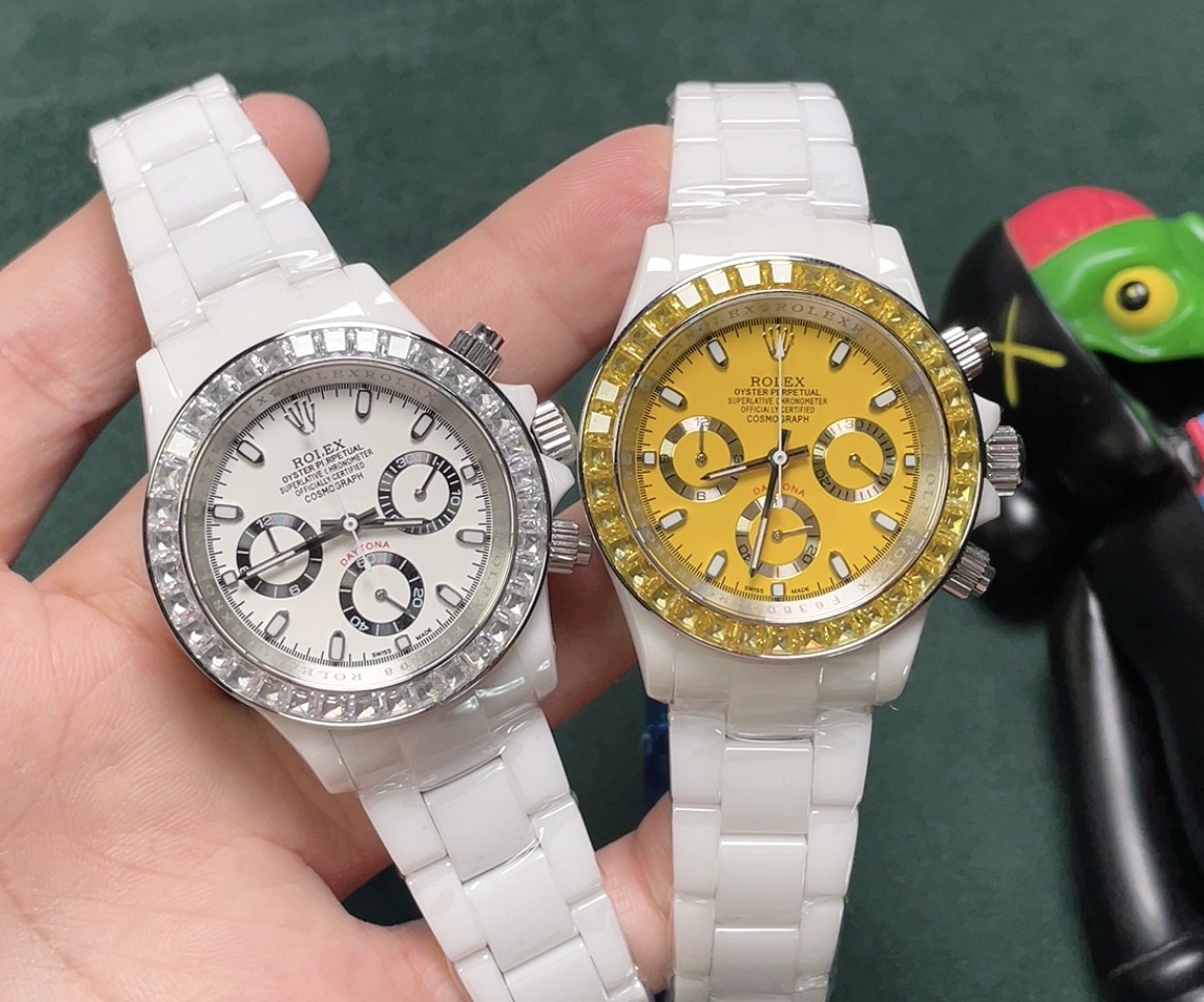 Rolex Daytona silver case, yellow gem-set bezel, yellow dial, white strap 43mm Unisex Automatic