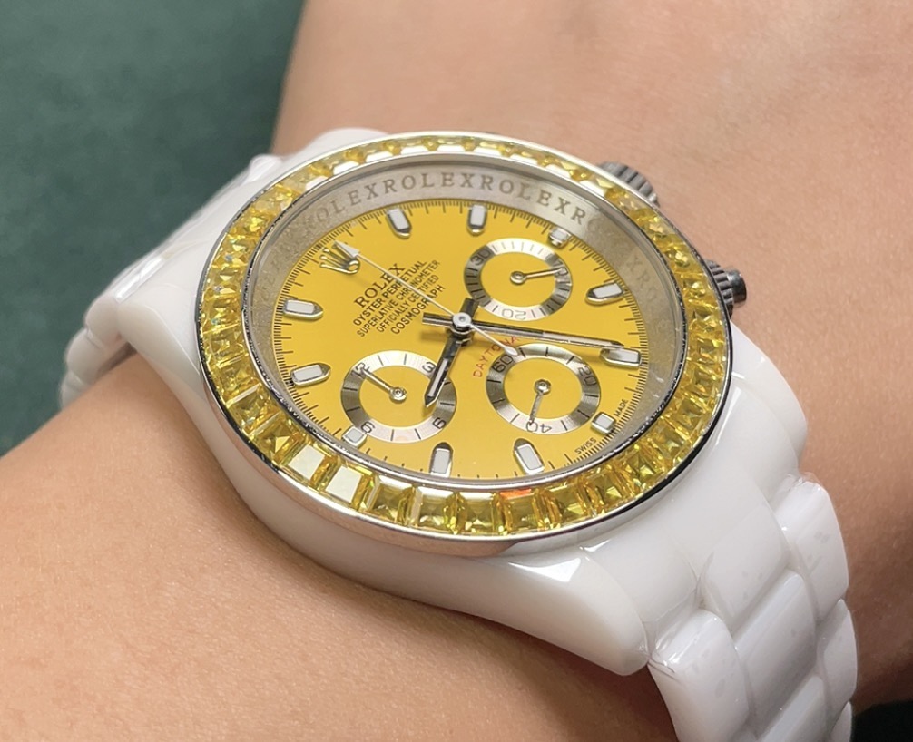 Rolex Daytona silver case, yellow gem-set bezel, yellow dial, white strap 43mm Unisex Automatic