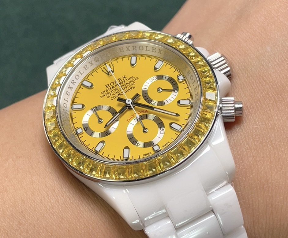 Rolex Daytona silver case, yellow gem-set bezel, yellow dial, white strap 43mm Unisex Automatic