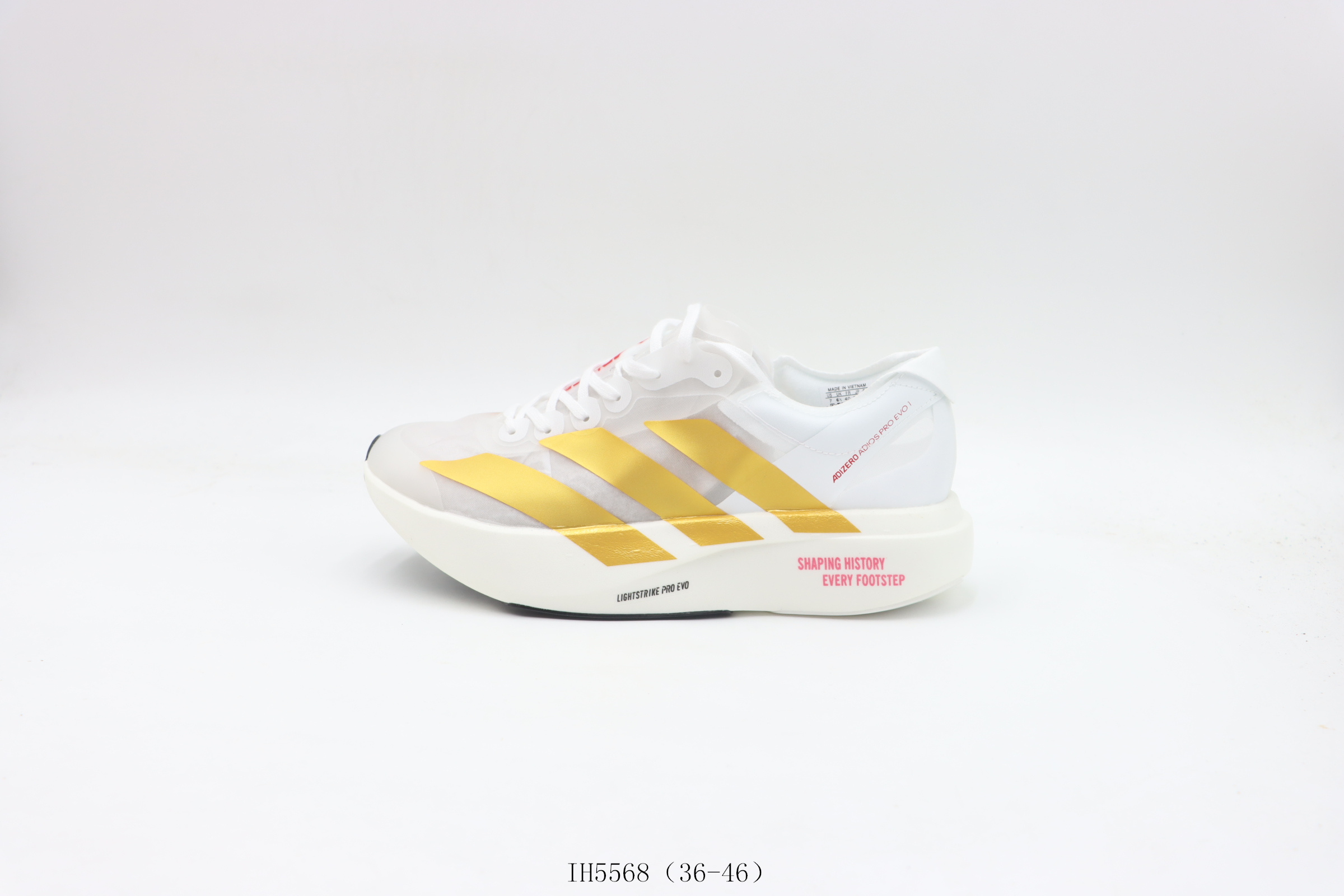 💰180
【公司级    阿迪跑鞋系列】阿迪达斯/Adidas  阿迪跑鞋       白金
货号：IH5568 尺码：  36 36.5 37 38 38.5 39  40 40.5 41 42 42.5 43 44 45 46
❗️❗️❗️
AdizeroAdios Pro Evo 1透气网眼竞速跑鞋