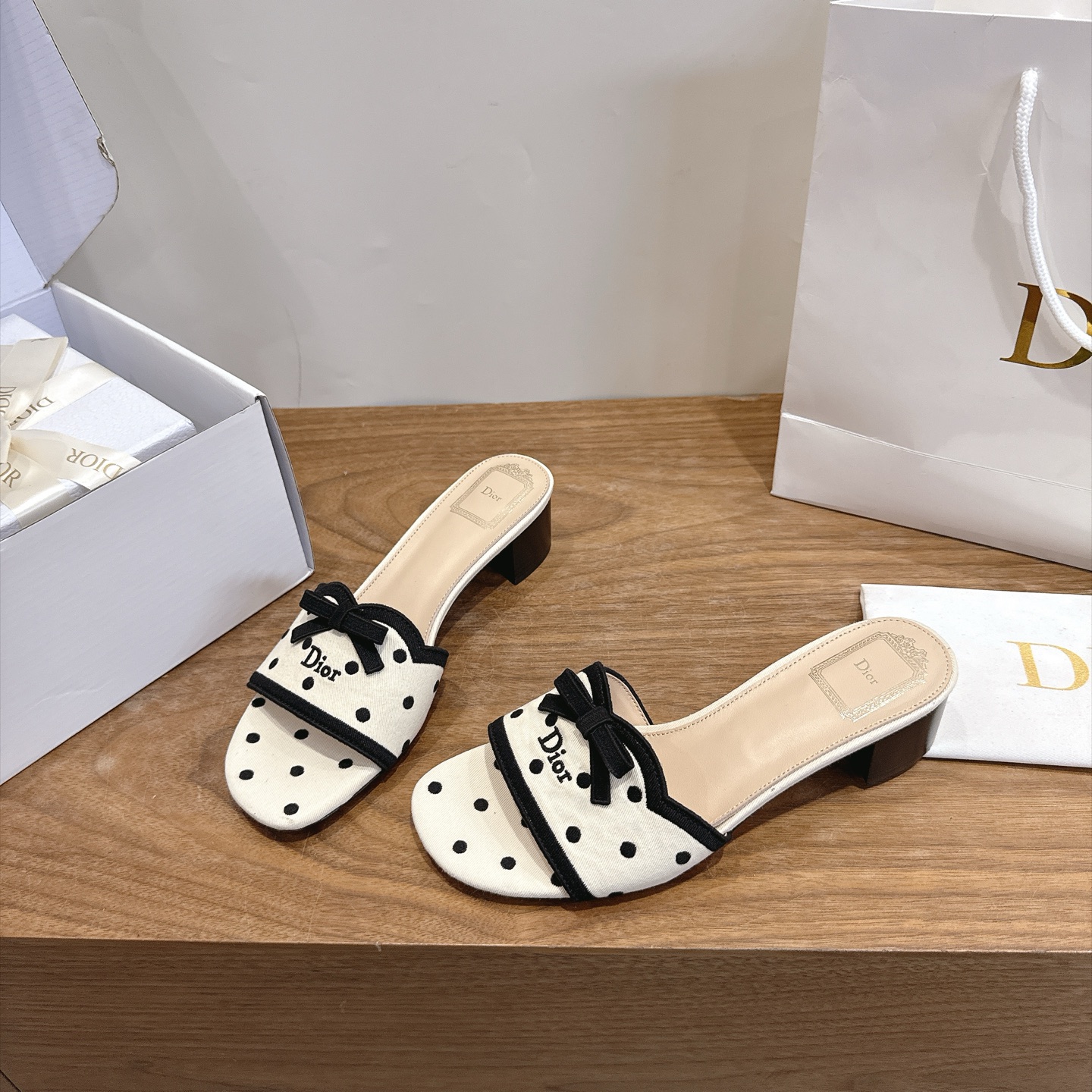 dior beige black polka dot bow mules