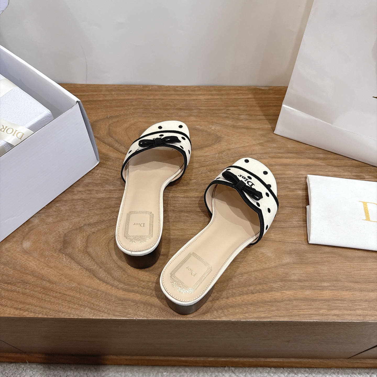dior beige black polka dot bow mules