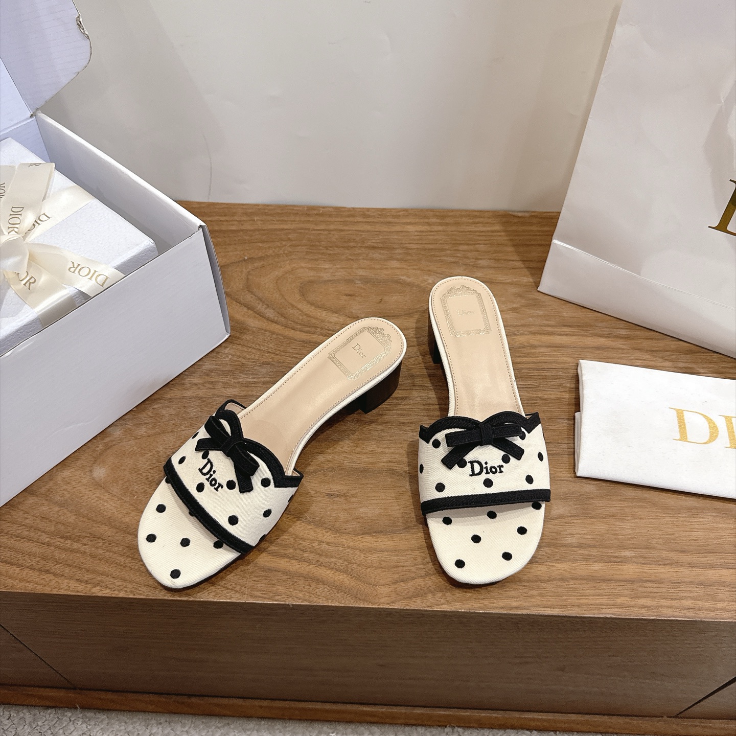 dior beige black polka dot bow mules