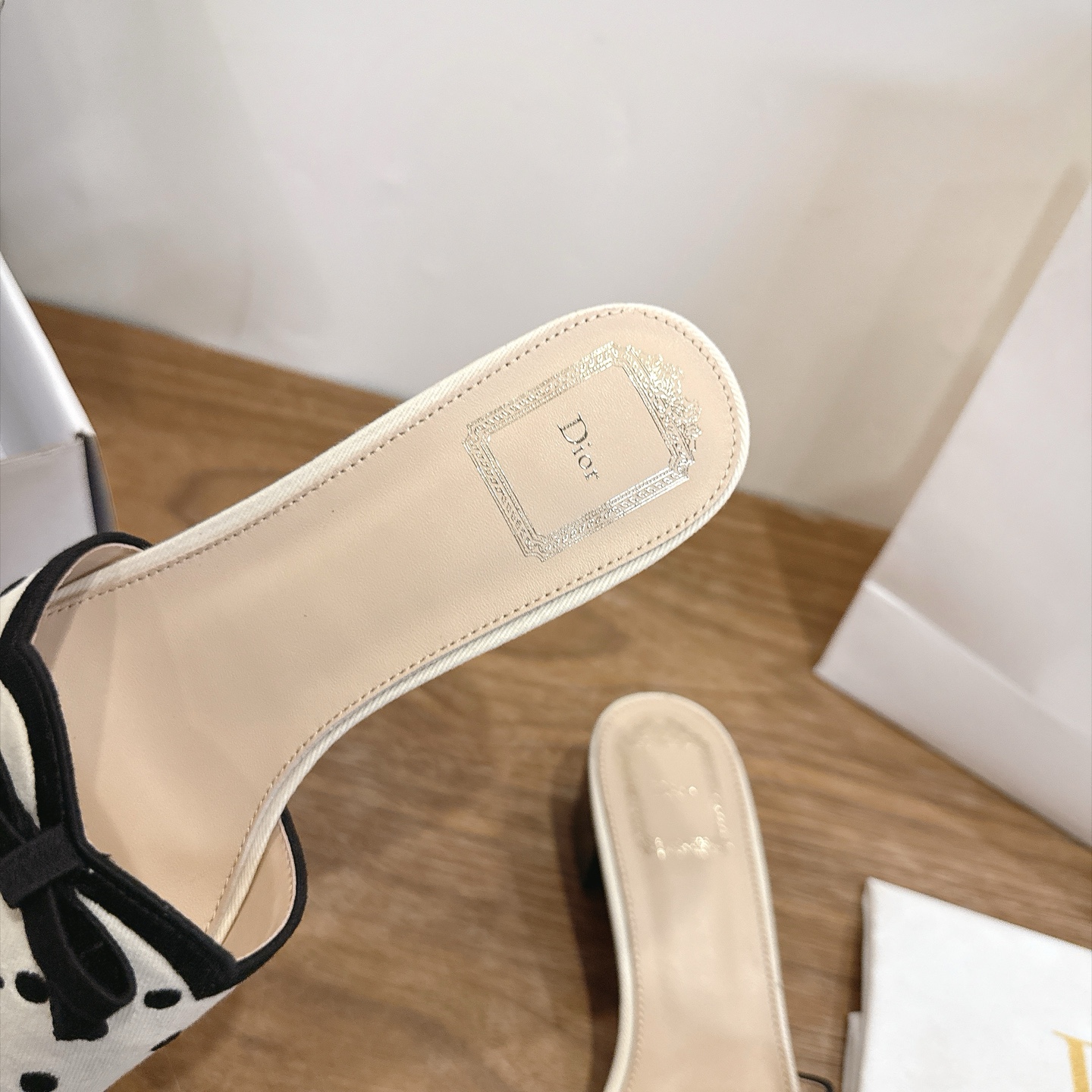 dior beige black polka dot bow mules