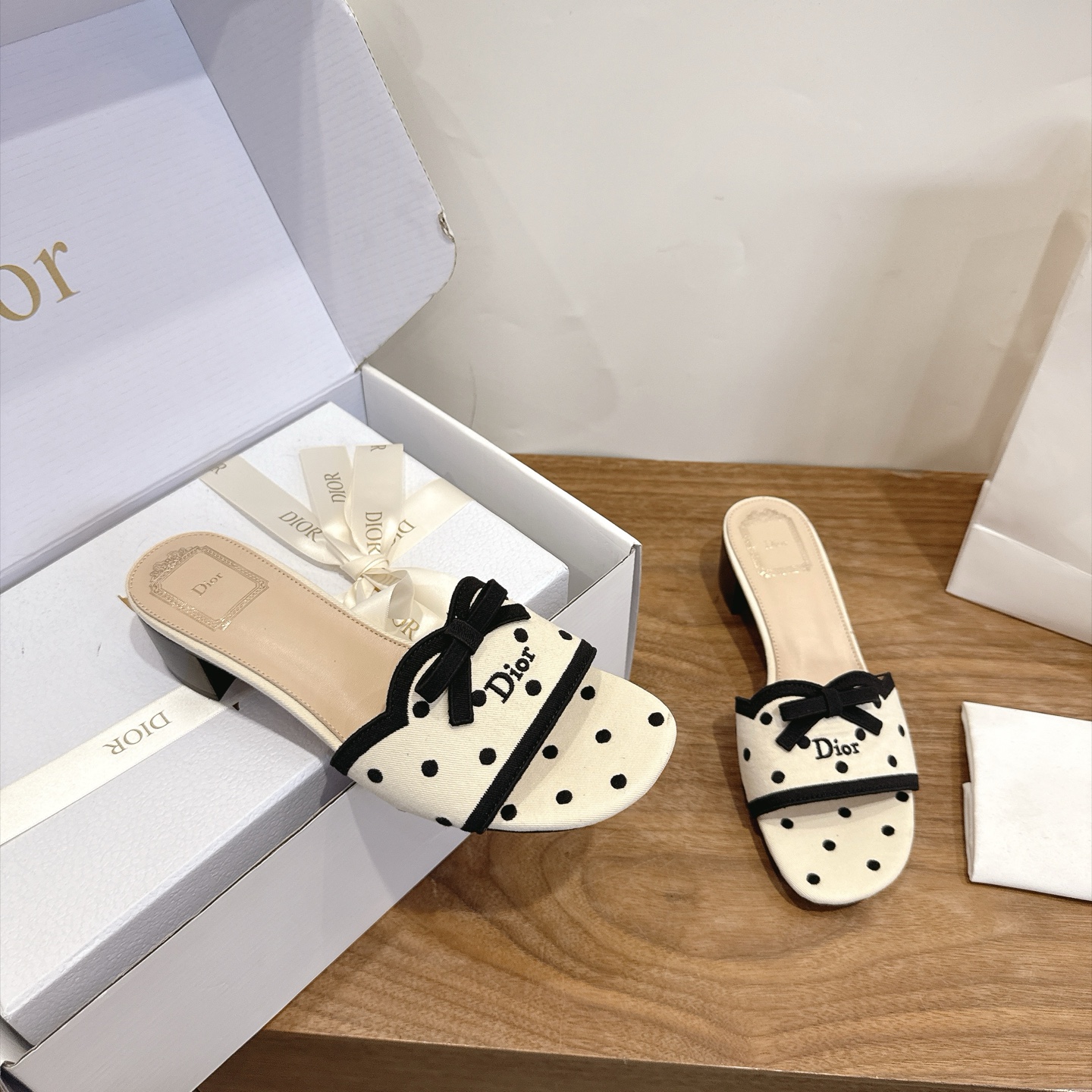 dior beige black polka dot bow mules
