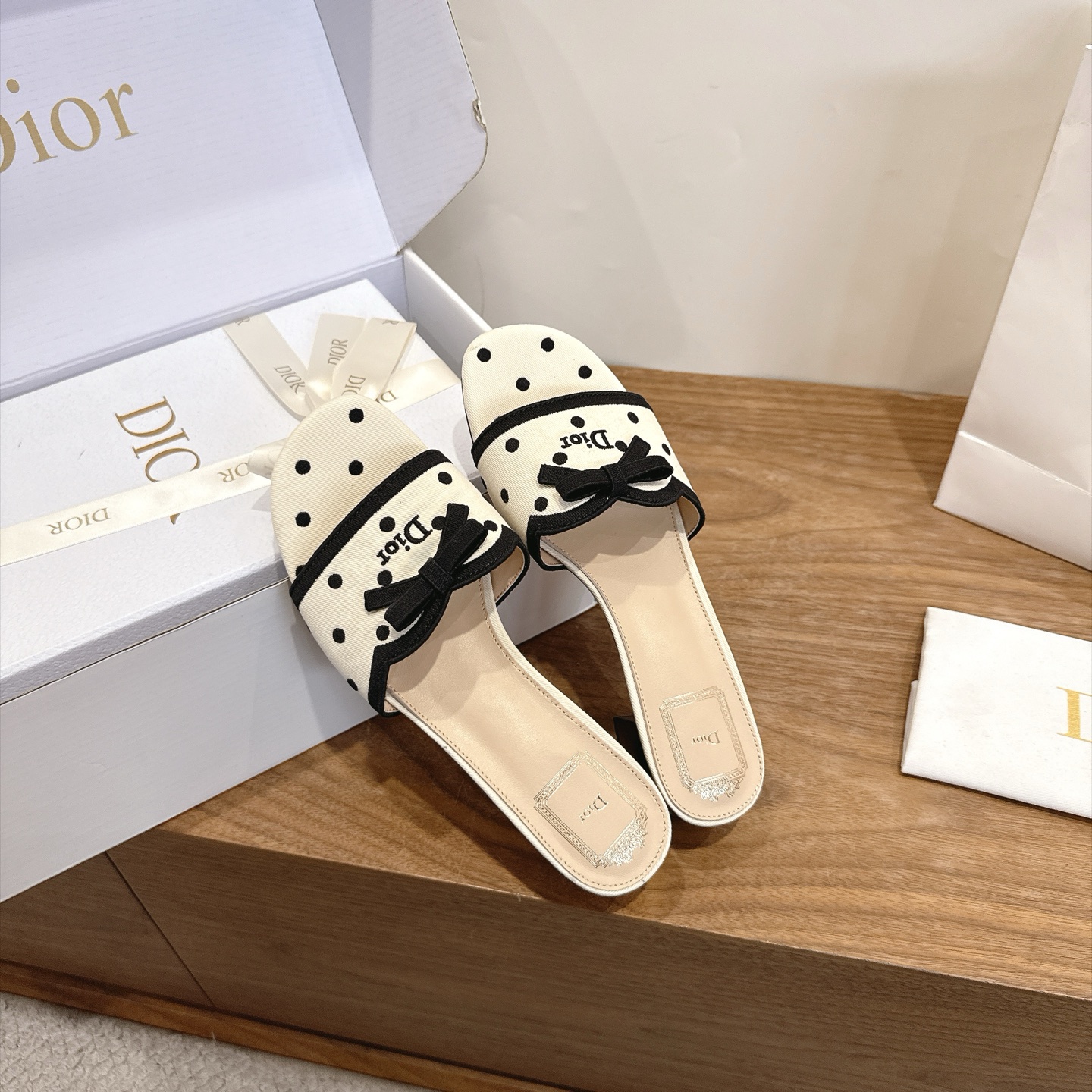 dior beige black polka dot bow mules