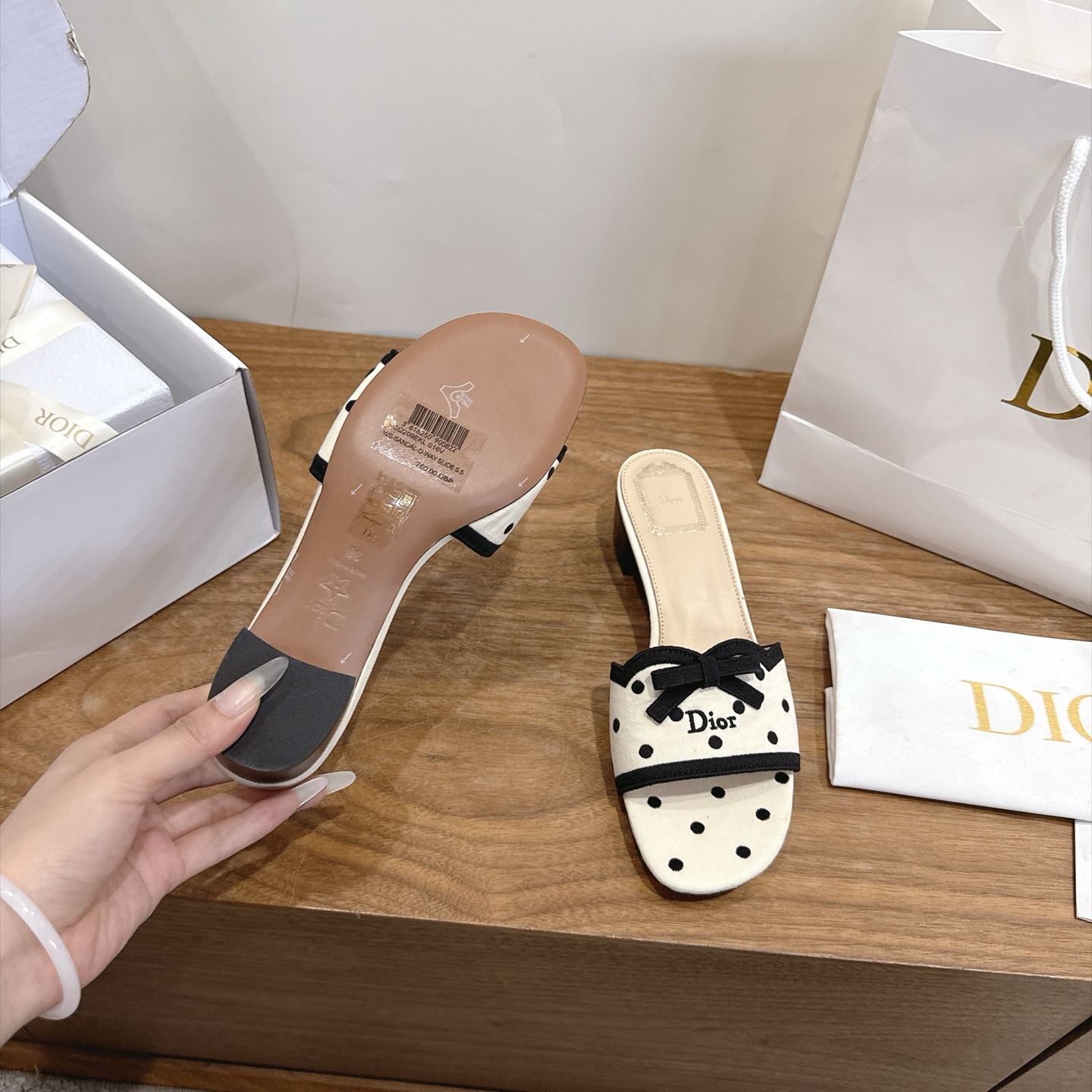 dior beige black polka dot bow mules
