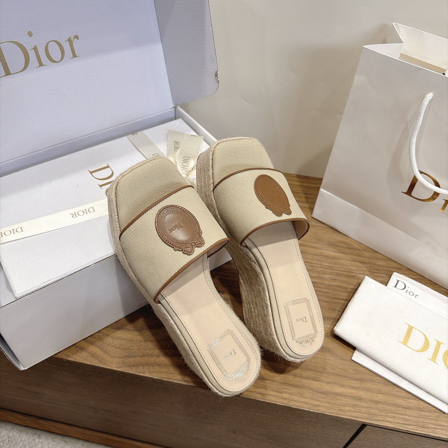 dior beige medallion platform mules