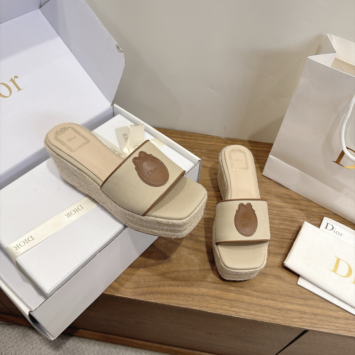 dior beige medallion platform mules