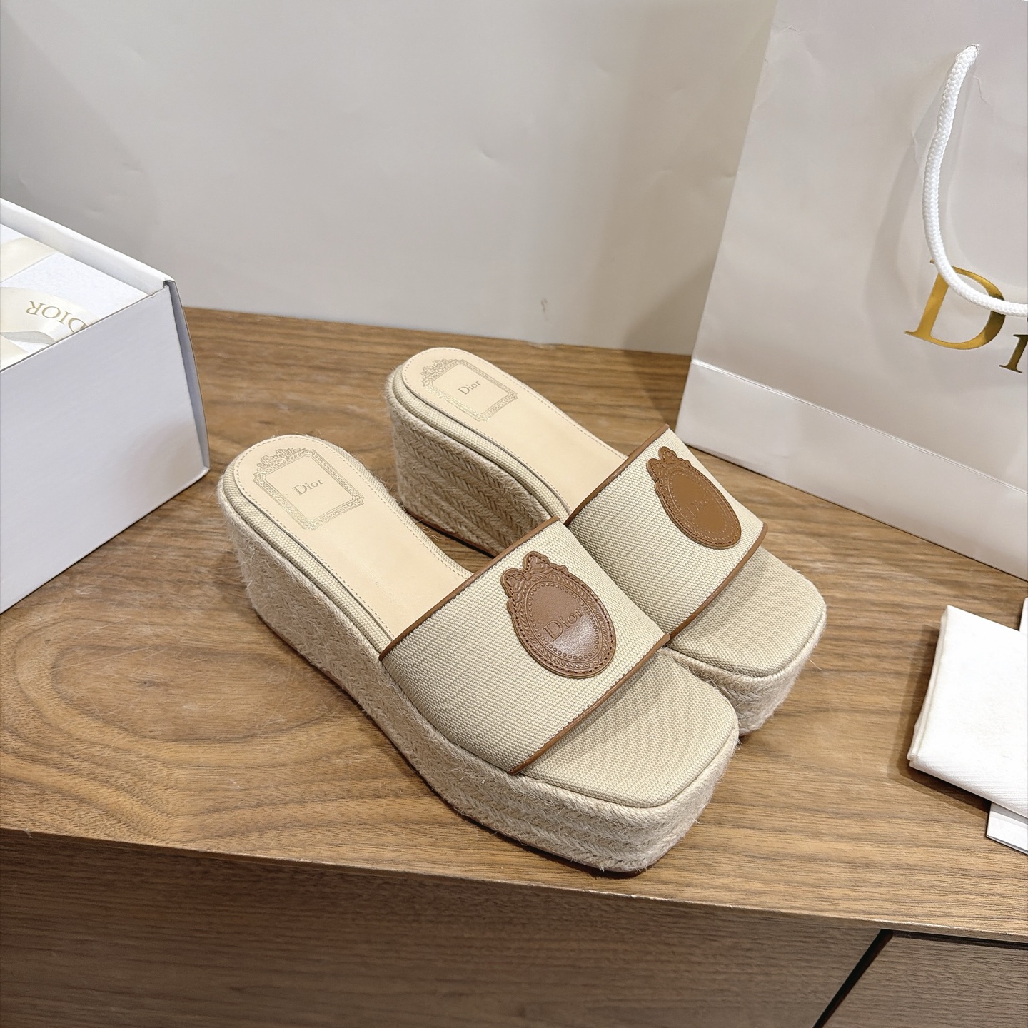 dior beige medallion platform mules