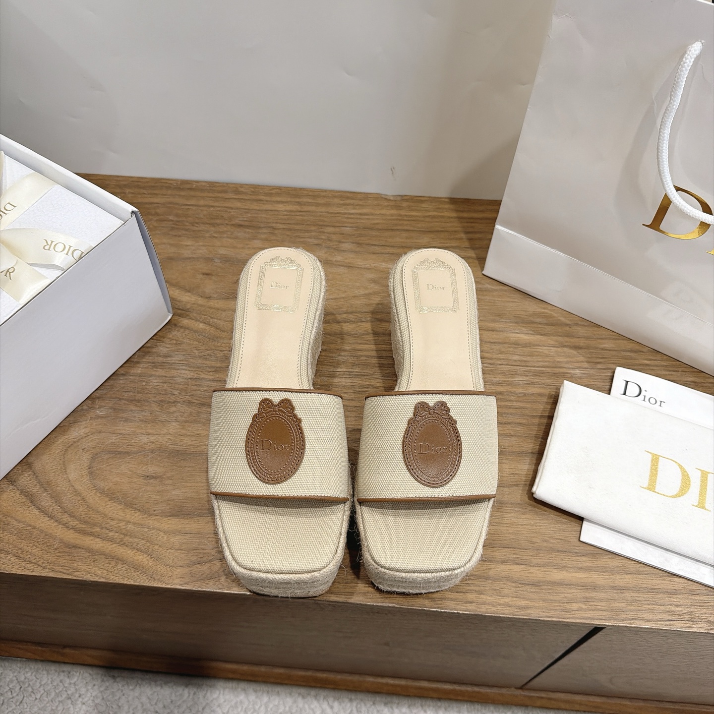 dior beige medallion platform mules