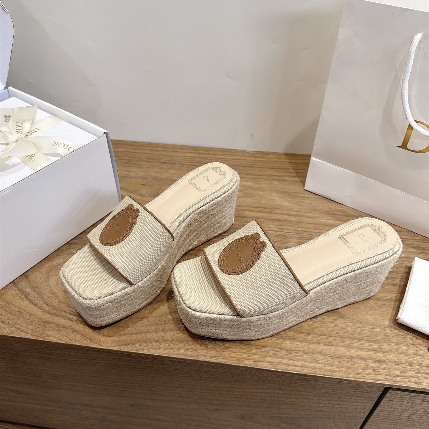 dior beige medallion platform mules