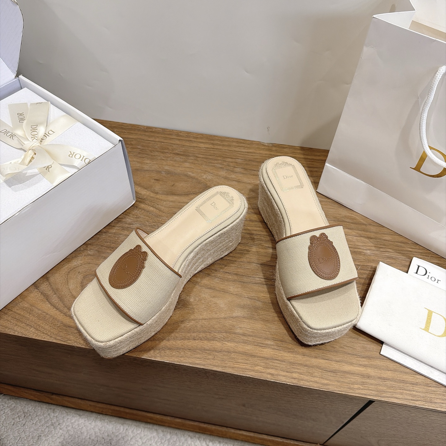 dior beige medallion platform mules