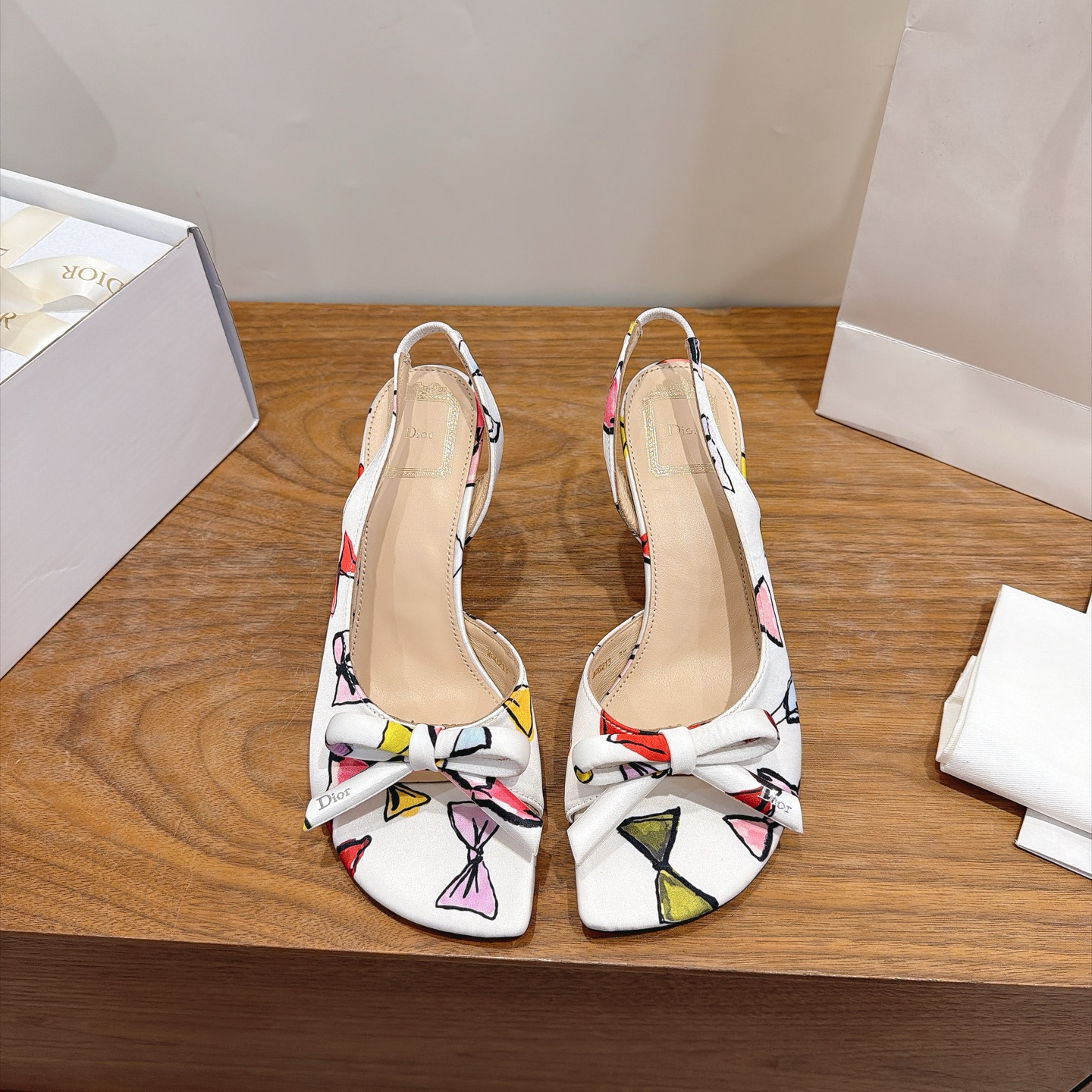 Multicolor Bow Print Slingback Heels