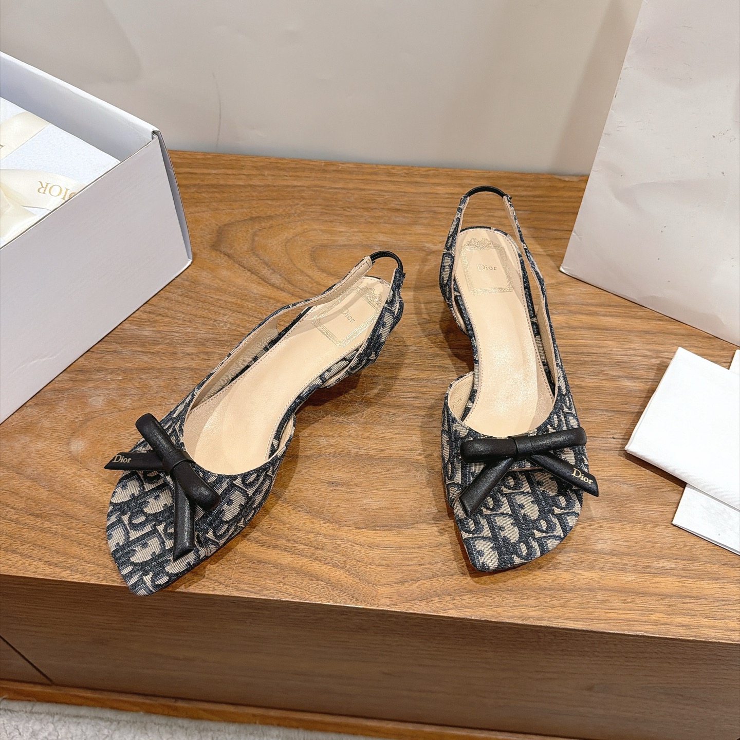 Black Patterned Bow Slingback Heels
