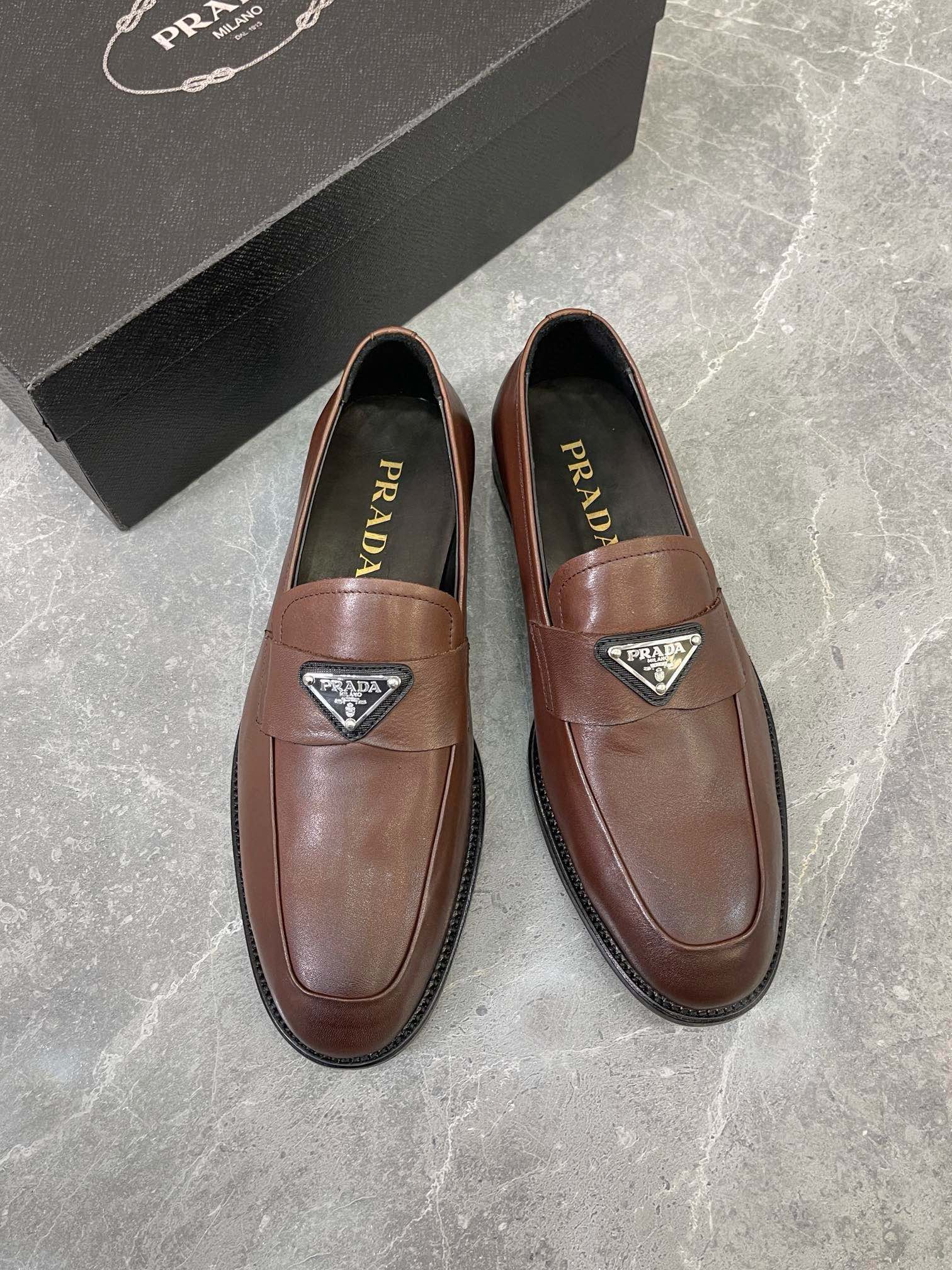 Replica Online Prada Shoes Loafers Men Calfskin Cowhide Genuine Leather Rubber