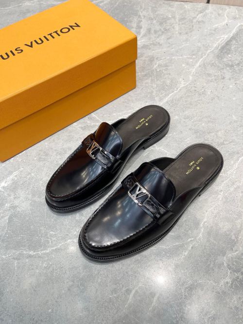 Louis Vuitton Men's Black Leather Half Slippers Handmade Italian Leather Sole