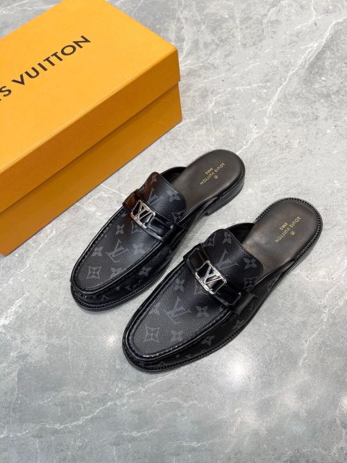 Louis Vuitton Men's Leather Mules Handmade Italian Leather Sole - Black 1 Louis Vuitton Men's Leather Mules Handmade Italian Leather Sole - Black